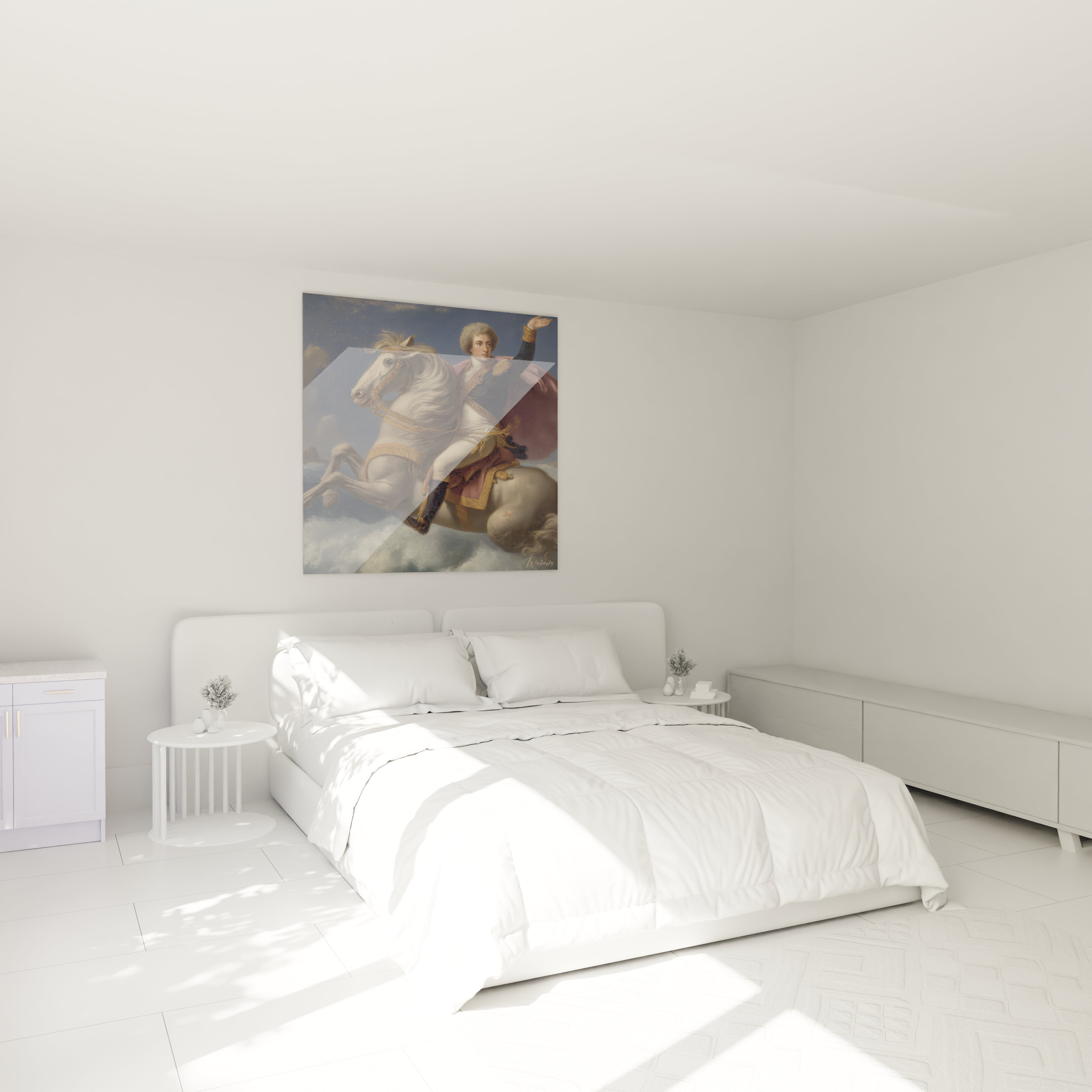 Walensky tableau mural dans chambre blanche minimaliste représentant un cavalier sur cheval blanc tableau cavalier néo classique