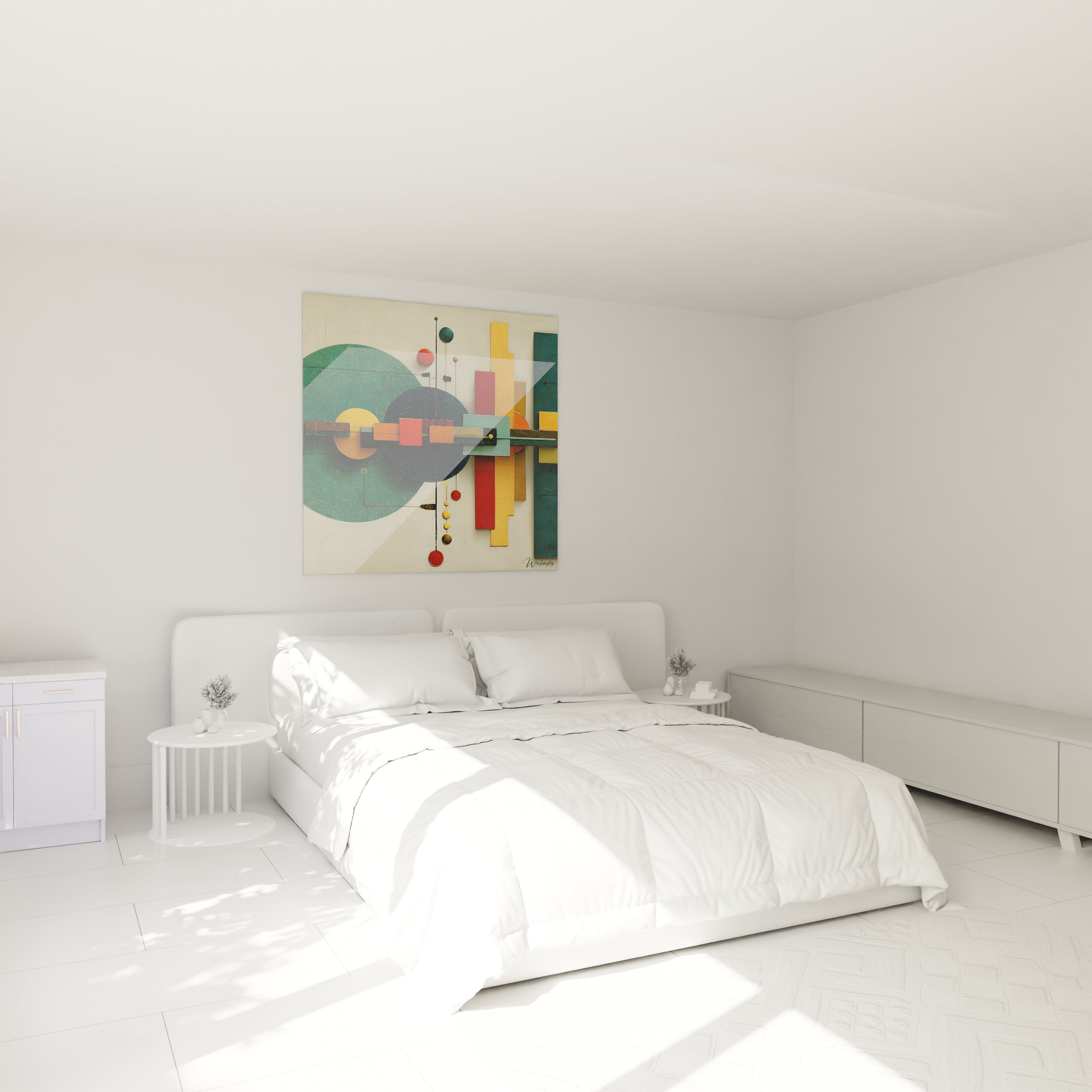 tableau géométrique Bauhaus Walensky accroché au dessus d un lit blanc dans une chambre moderne minimaliste