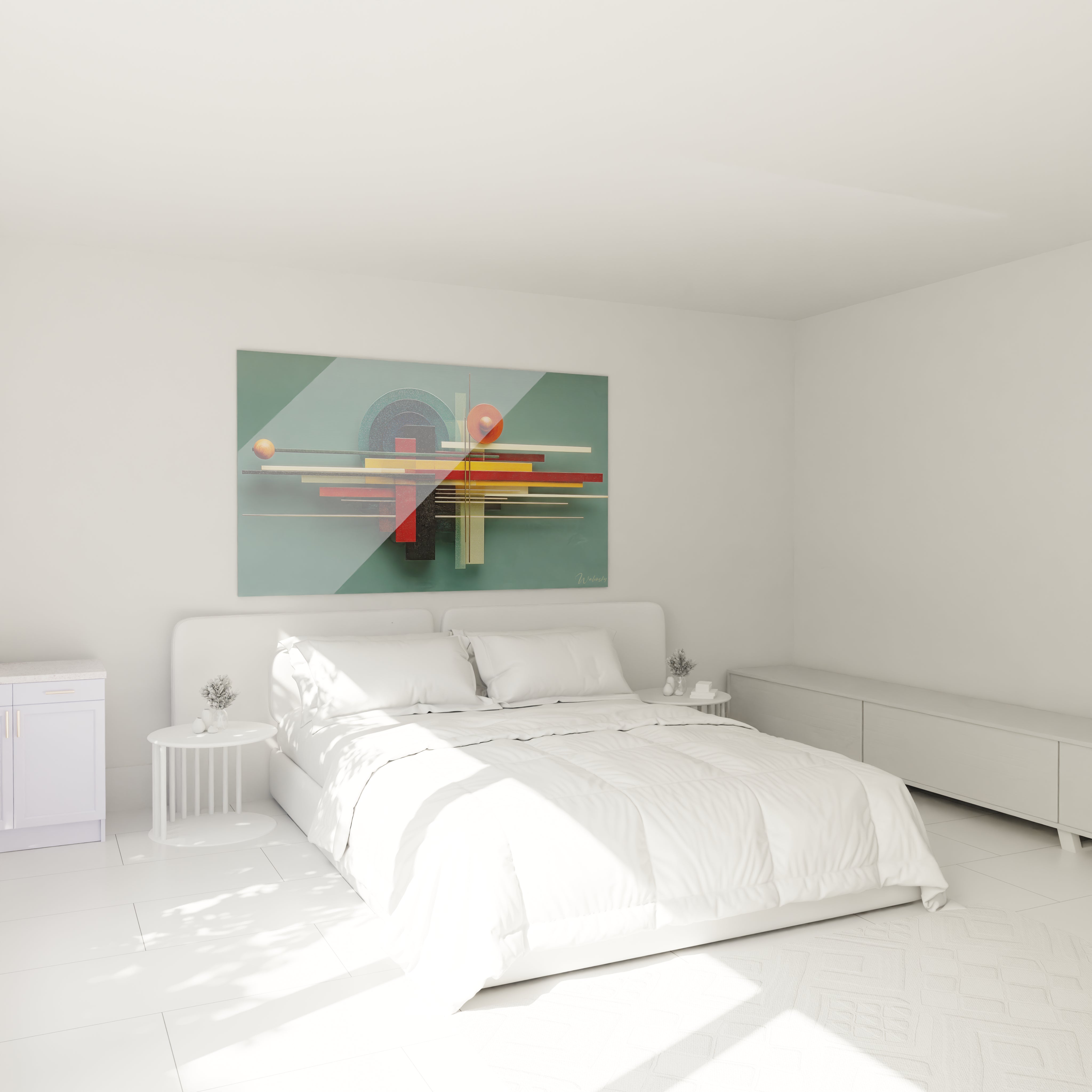 Tableau mural Walensky tableau géométrique Bauhaus aux formes et couleurs abstraites accroché au dessus d un lit blanc minimaliste