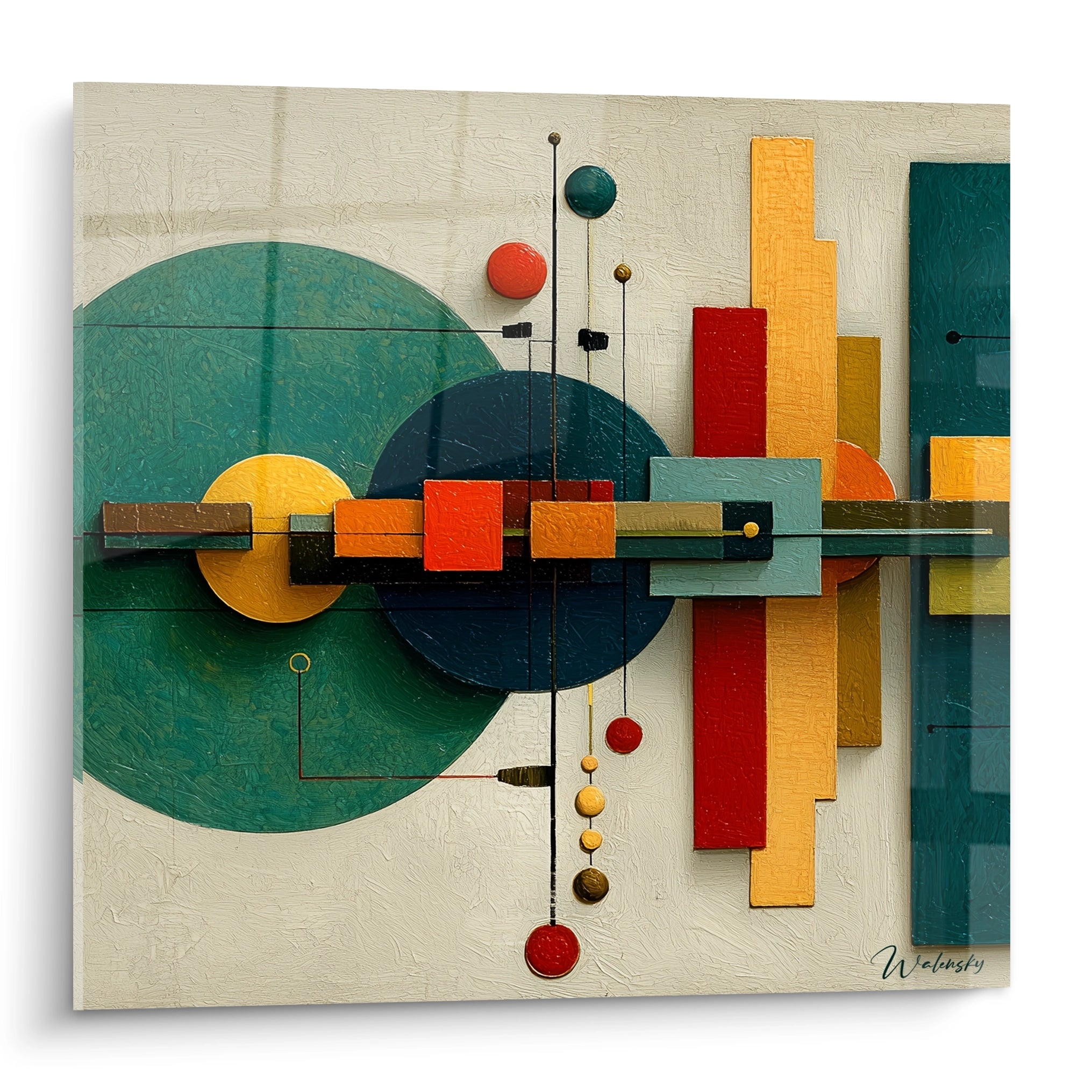 tableau géométrique Bauhaus Walensky mural en relief avec cercles et rectangles colorés