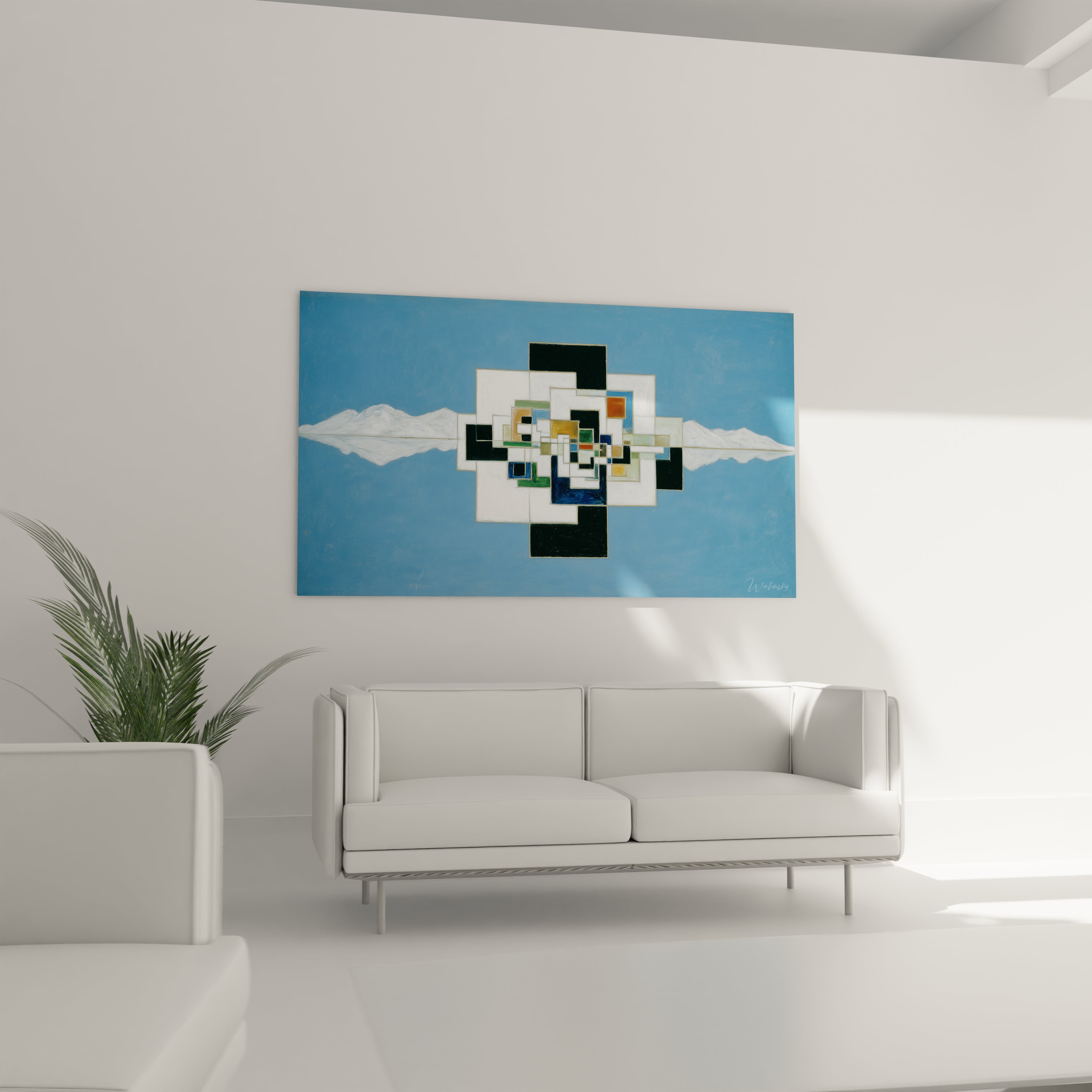 tableau géométrique moderne Walensky sur fond bleu accroché au dessus d un canapé dans salon minimaliste