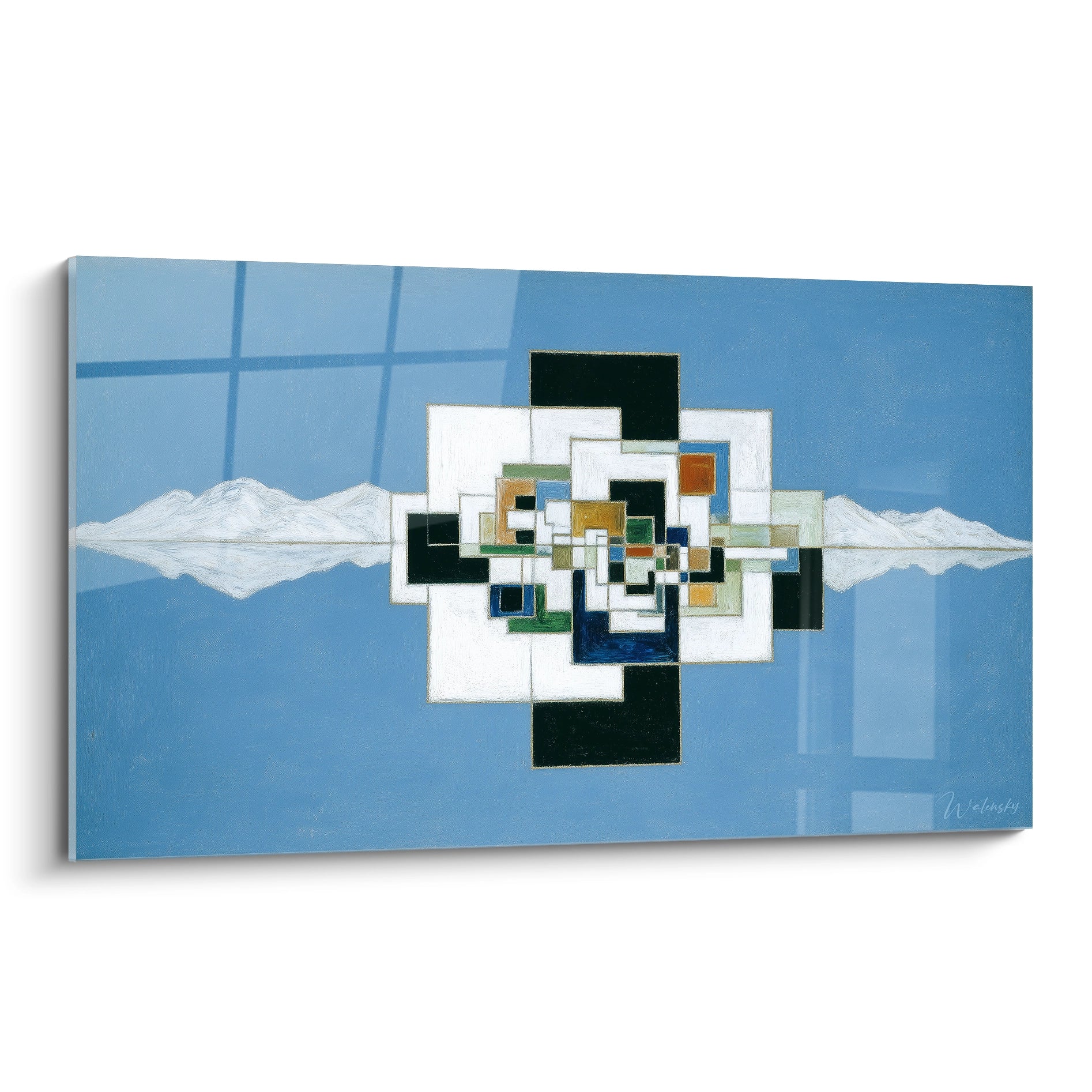 Walensky tableau géométrique moderne avec formes carrées colorées et reflet de montagne sur fond bleu