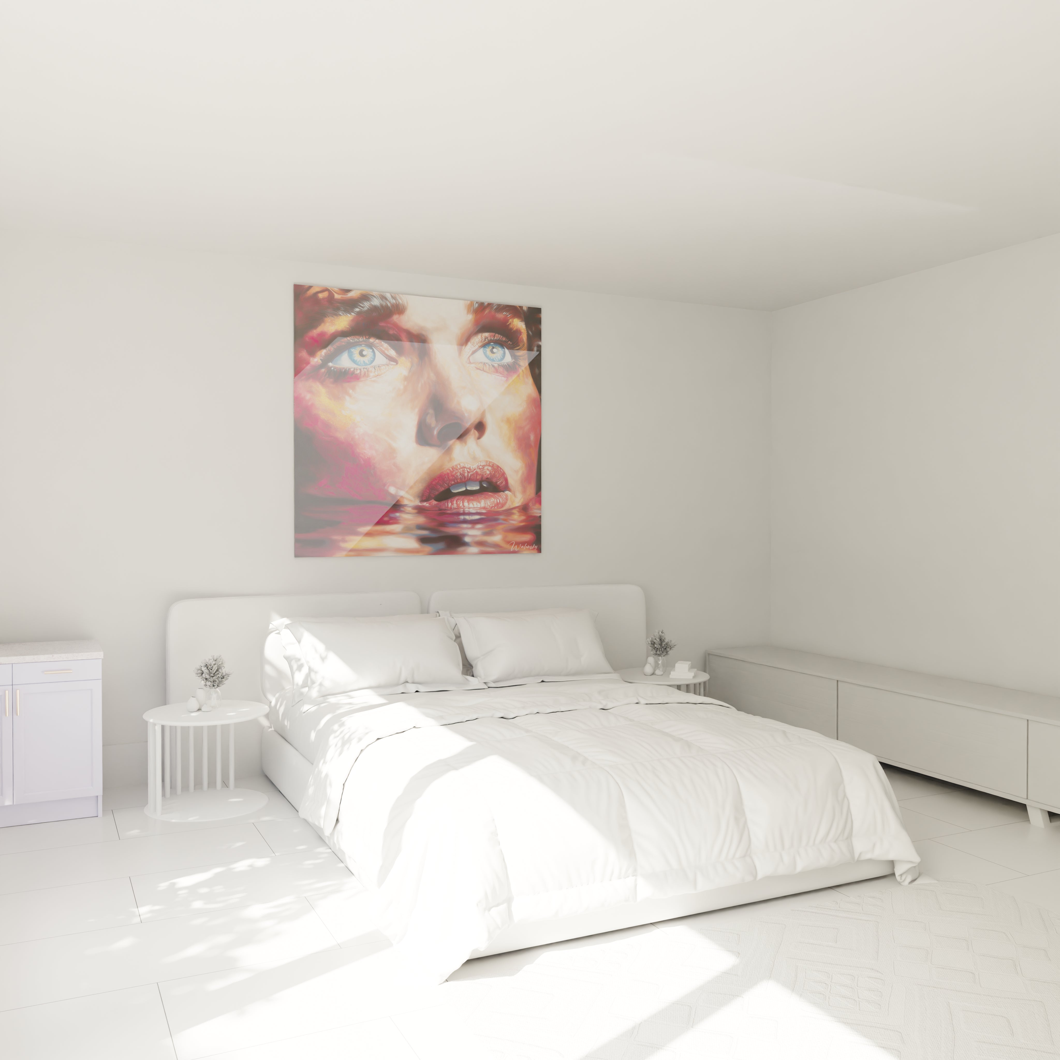 tableau hyperréalisme visage Walensky grand portrait coloré accroché au dessus du lit blanc minimaliste