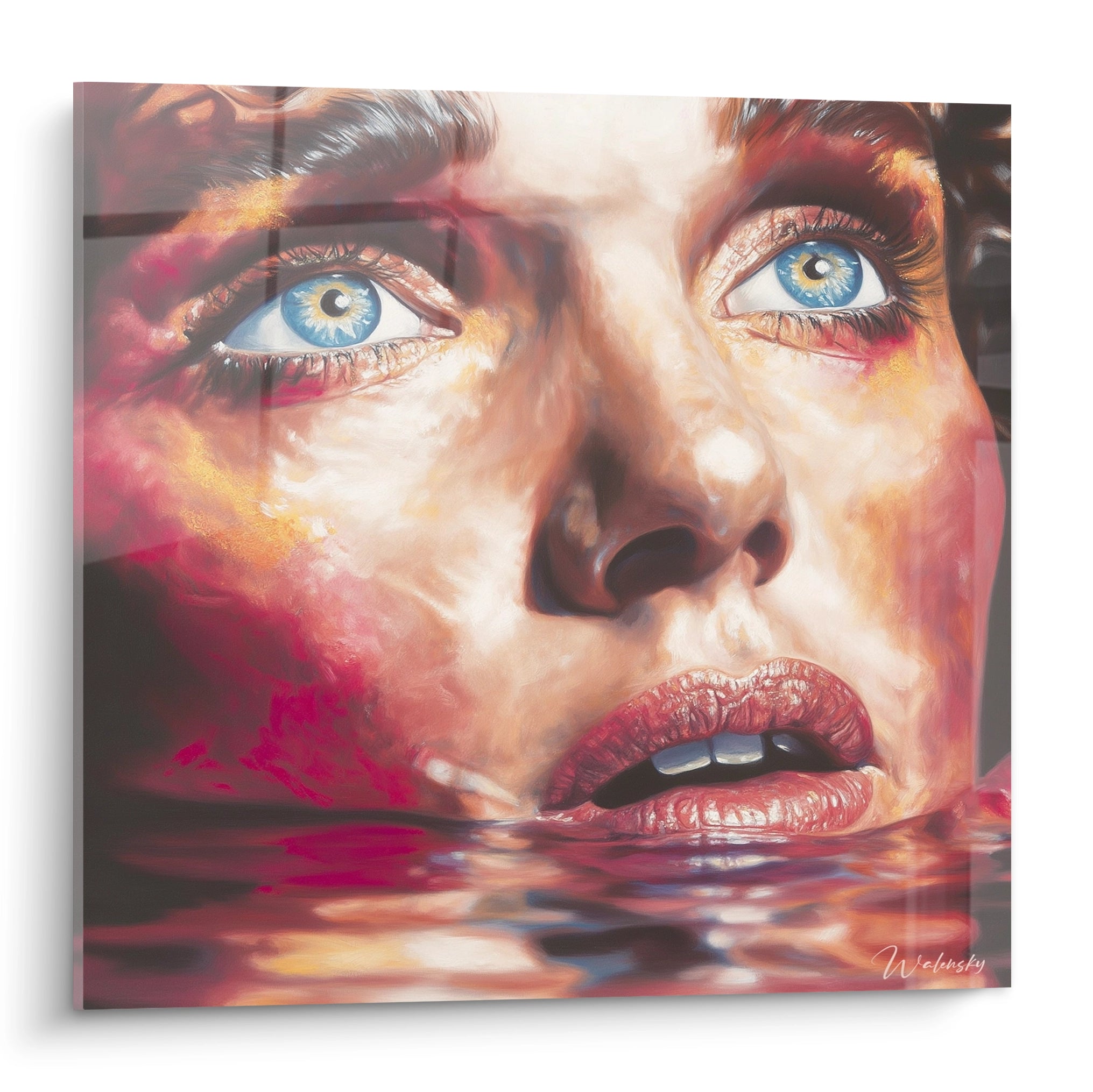 tableau hyperréalisme visage Walensky gros plan sur un visage peint très réaliste yeux bleus émergeant de l eau