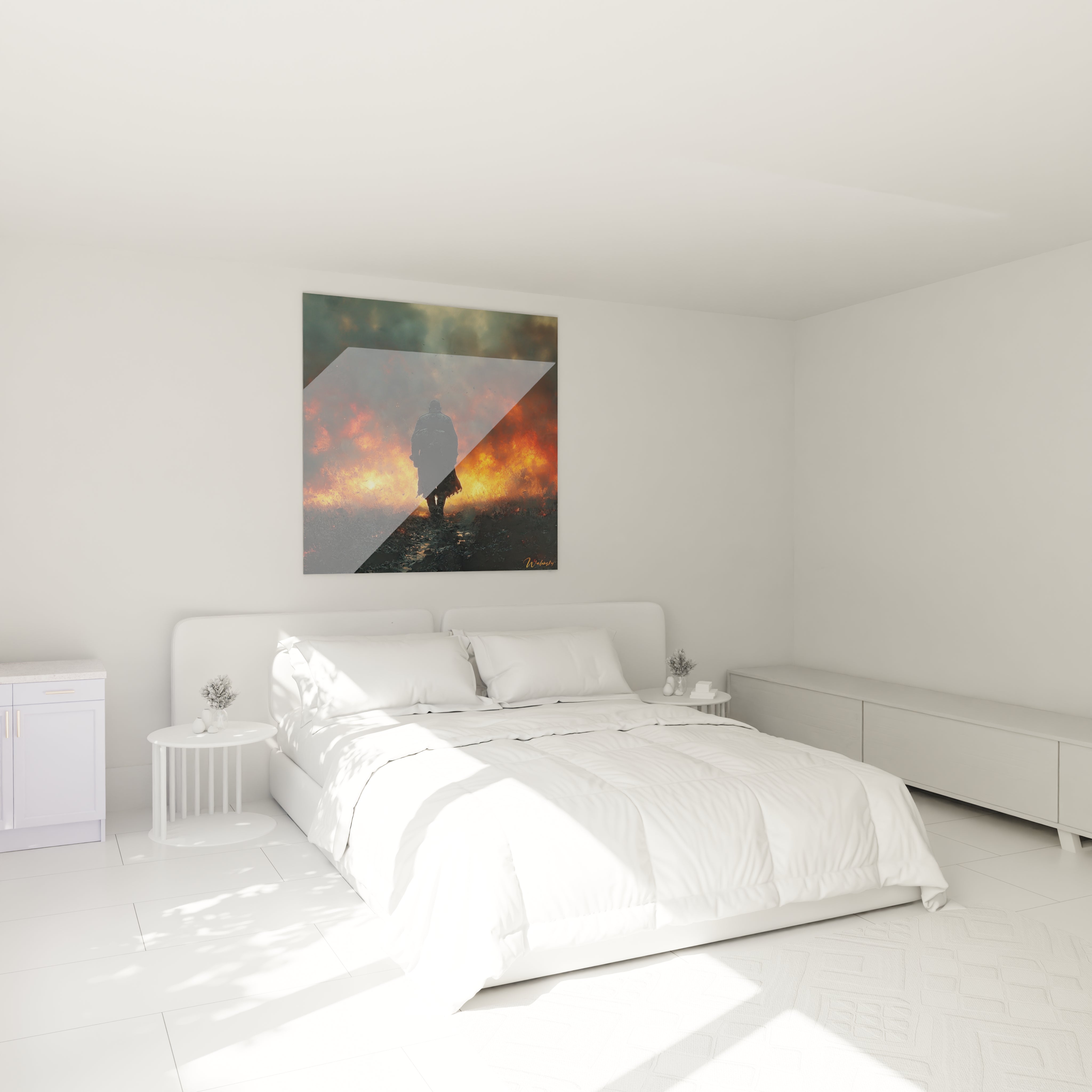 tableau soldat seconde guerre mondiale Walensky accroché au dessus du lit dans une chambre blanche minimaliste