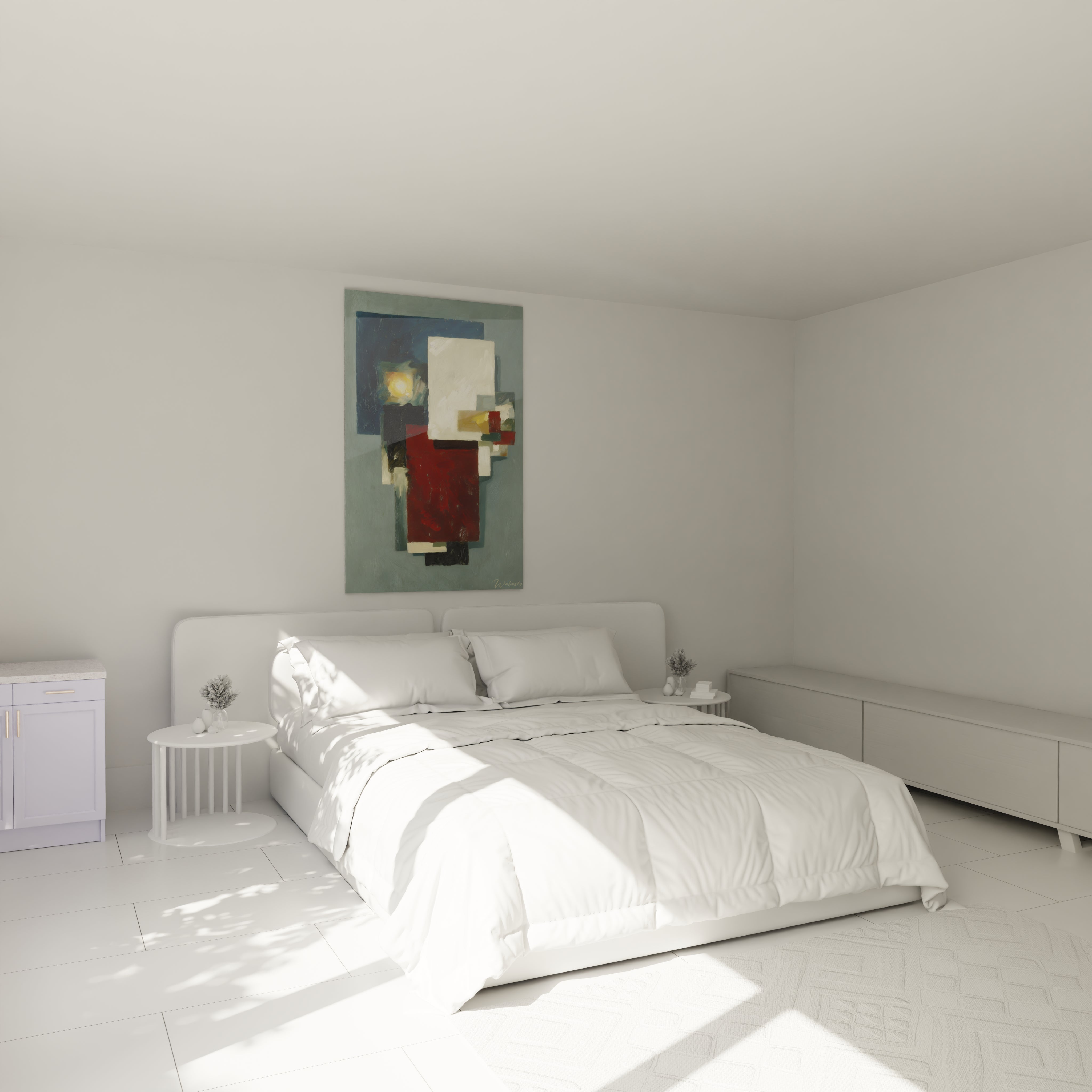 Tableau mural Walensky au dessus d un lit blanc dans une chambre minimaliste avec tableau abstrait blocs insurgés