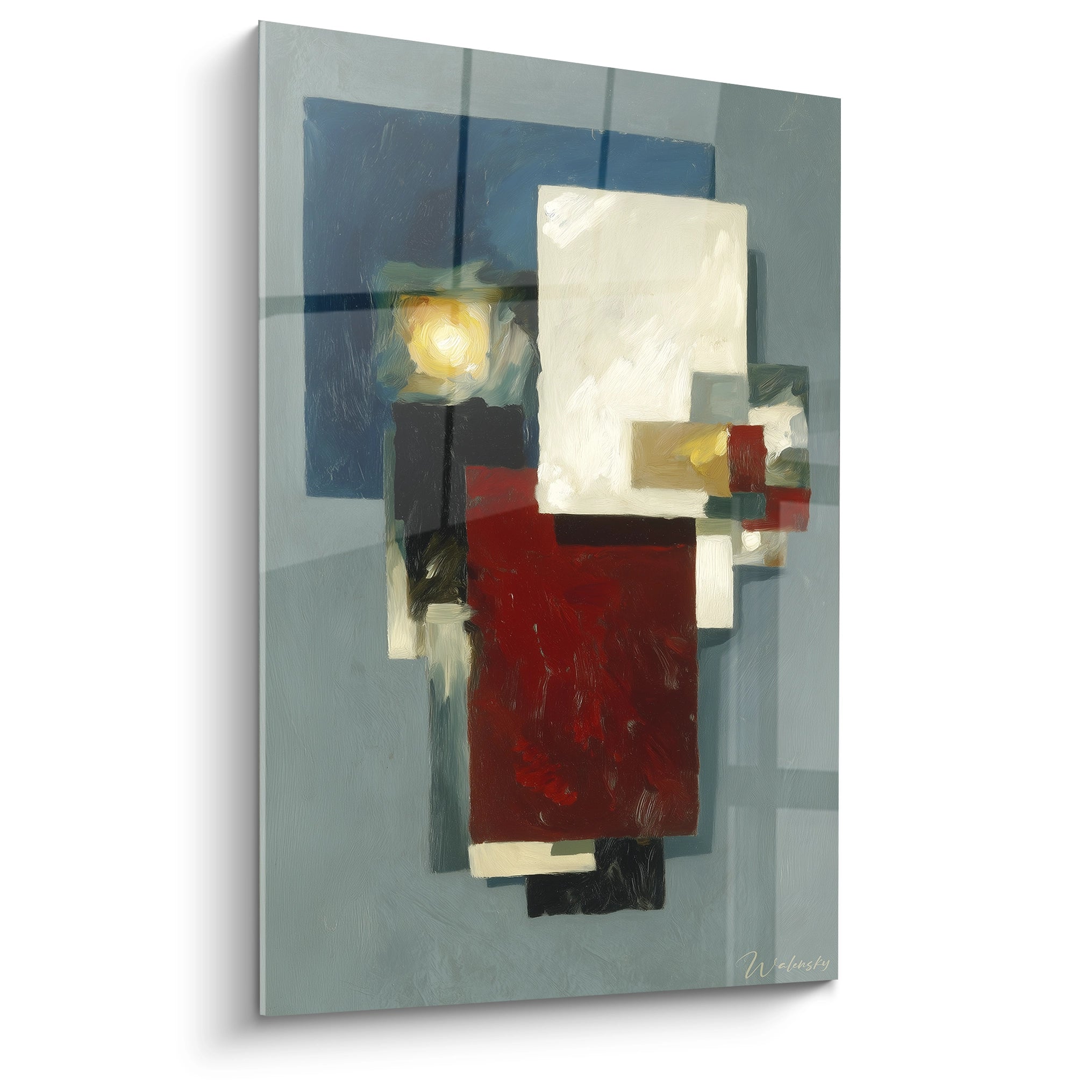 Tableau mural Walensky avec formes géométriques superposées gris bleu rouge et blanc tableau abstrait blocs insurgés