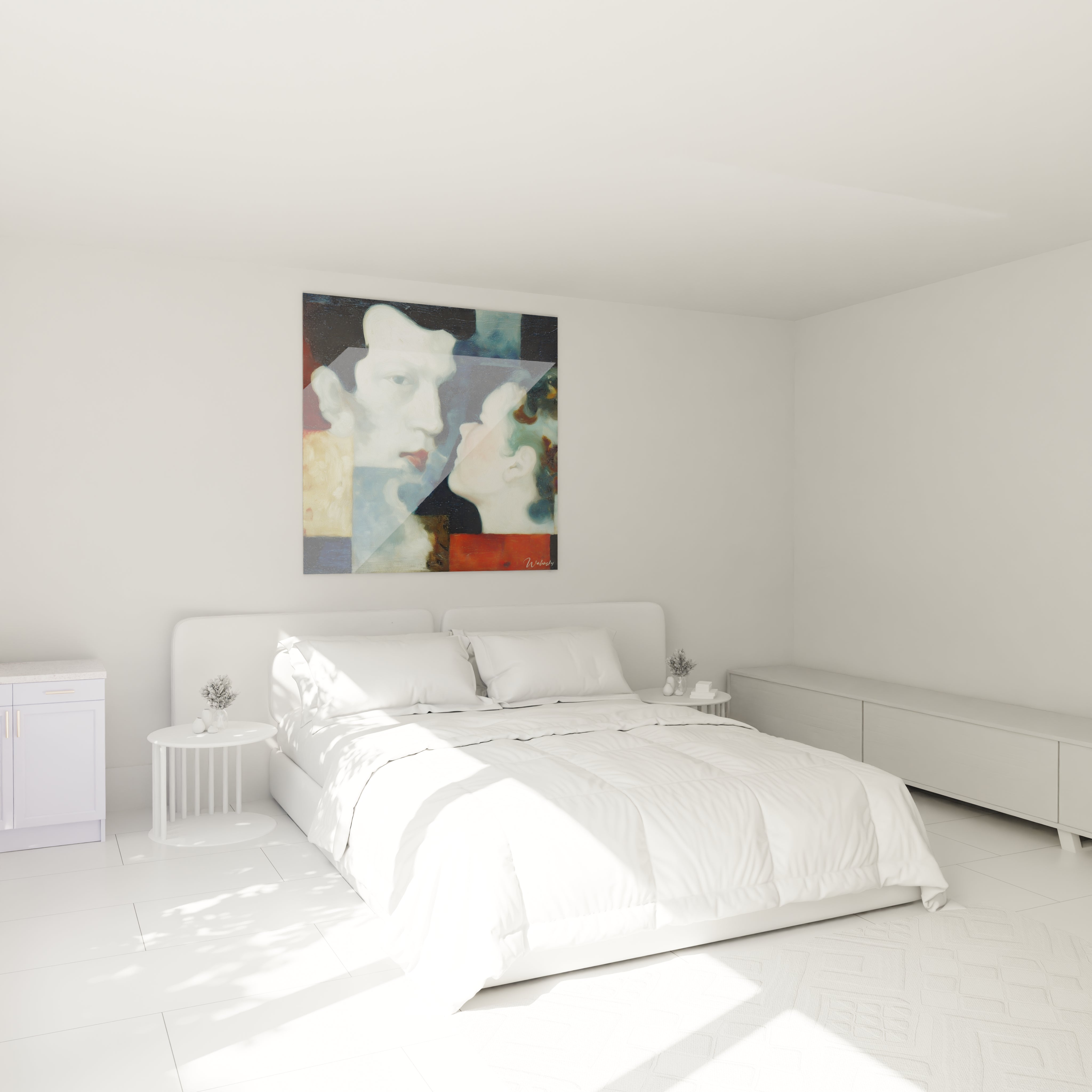Tableau mural Walensky abstrait montrant deux visages colorés au dessus d'un lit blanc minimaliste, tableau dadaïsme original