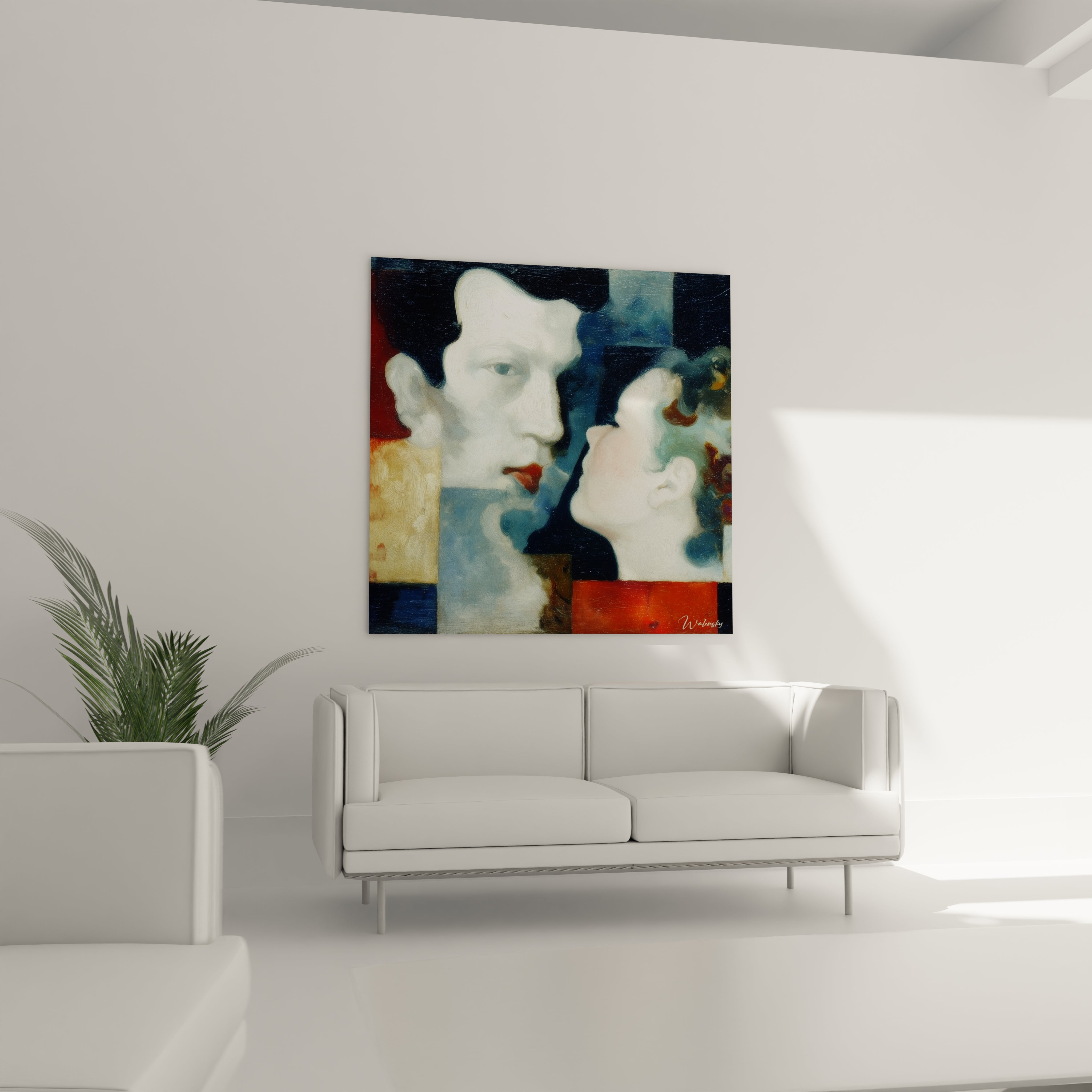 tableau dadaïsme original Walensky peinture murale carrée visages abstraits bleus et rouges dans salon moderne lumineux