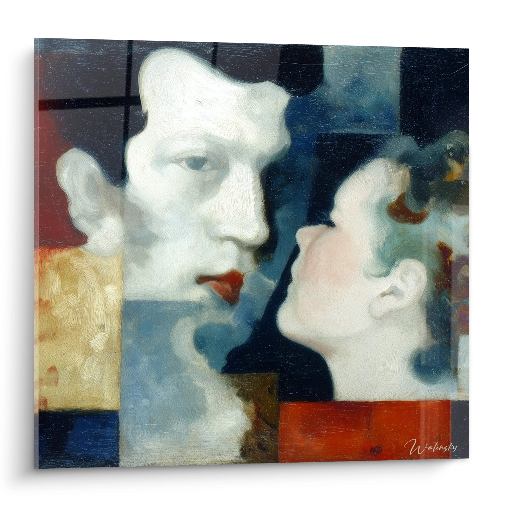 Tableau mural Walensky représentant deux visages surréalistes en bleu et rouge tableau dadaïsme original