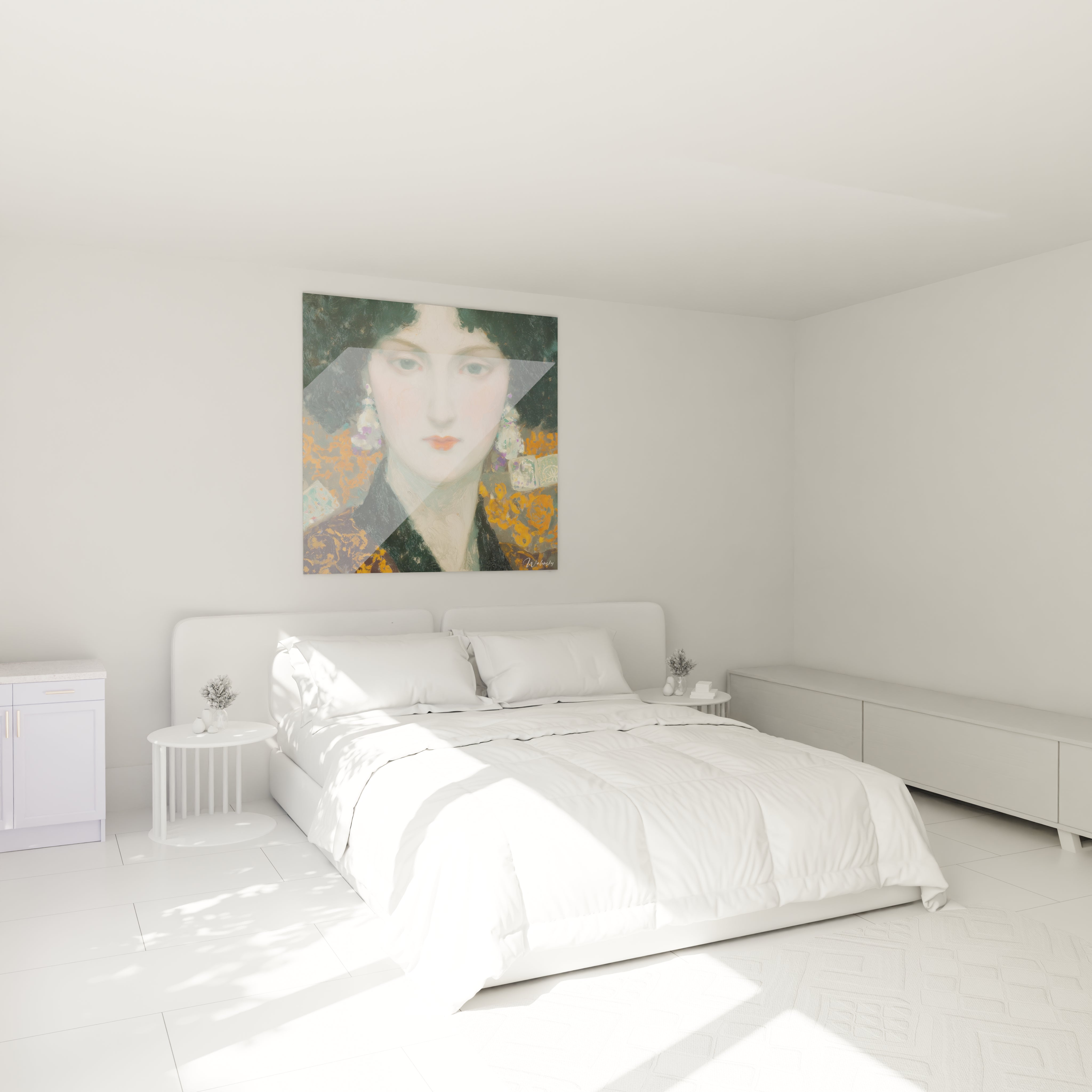 Walensky tableau femme symboliste encadre accroche au dessus d un lit blanc dans une chambre minimaliste