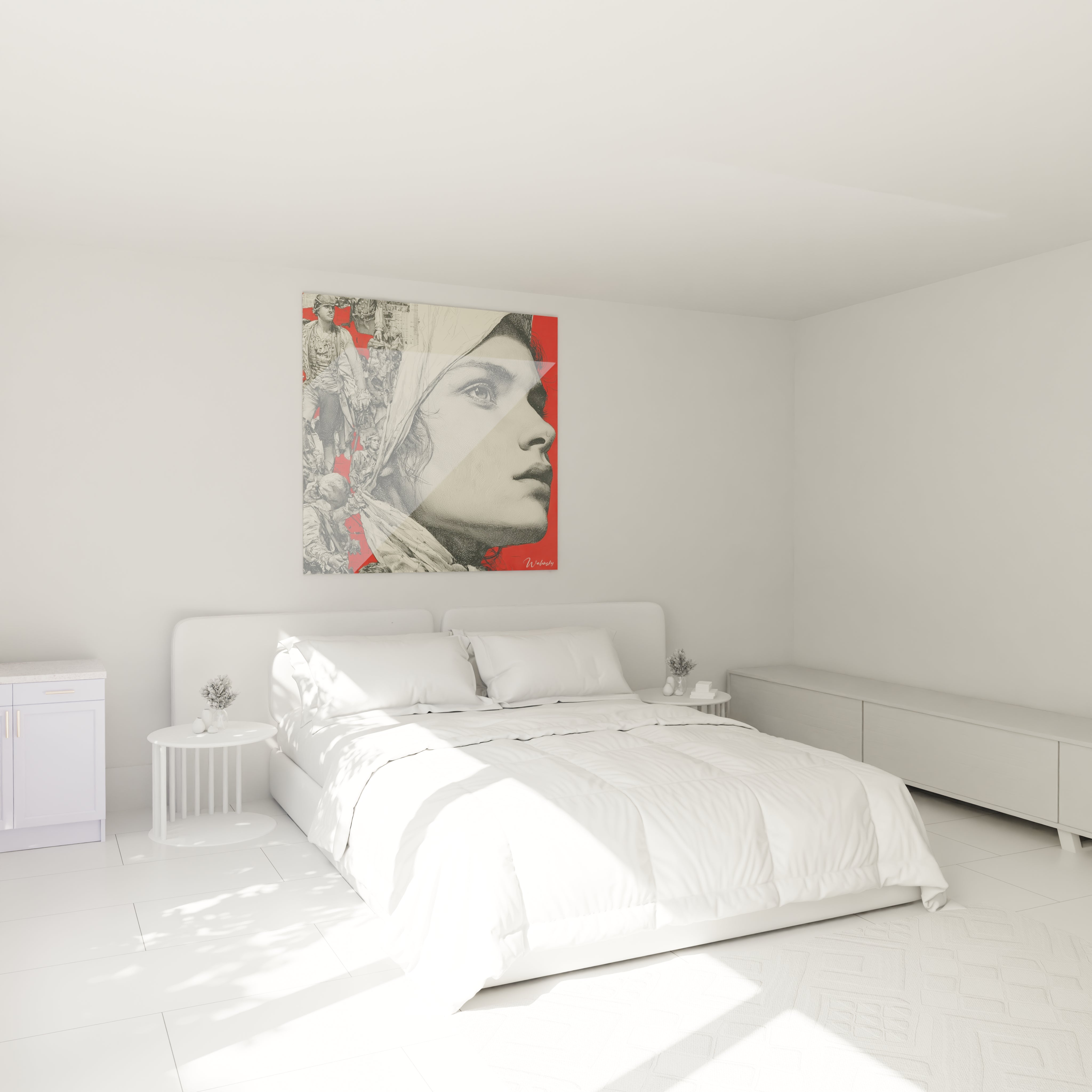 Tableau mural Walensky portrait stylise de Marianne rouge au dessus d un lit blanc tableau Marianne révolution française