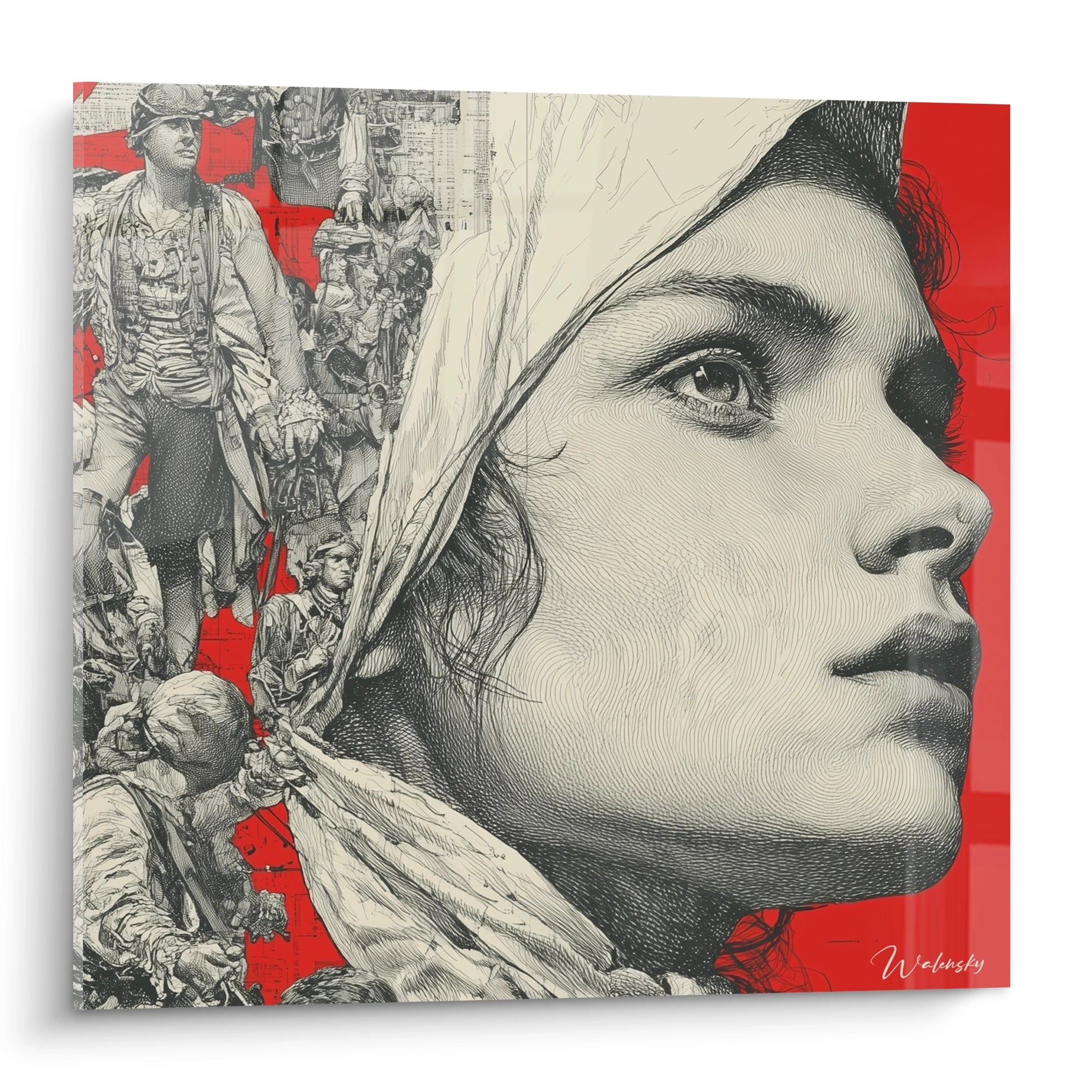 tableau Marianne révolution française Walensky peinture murale profil de Marianne sur fond rouge et scènes de révolution