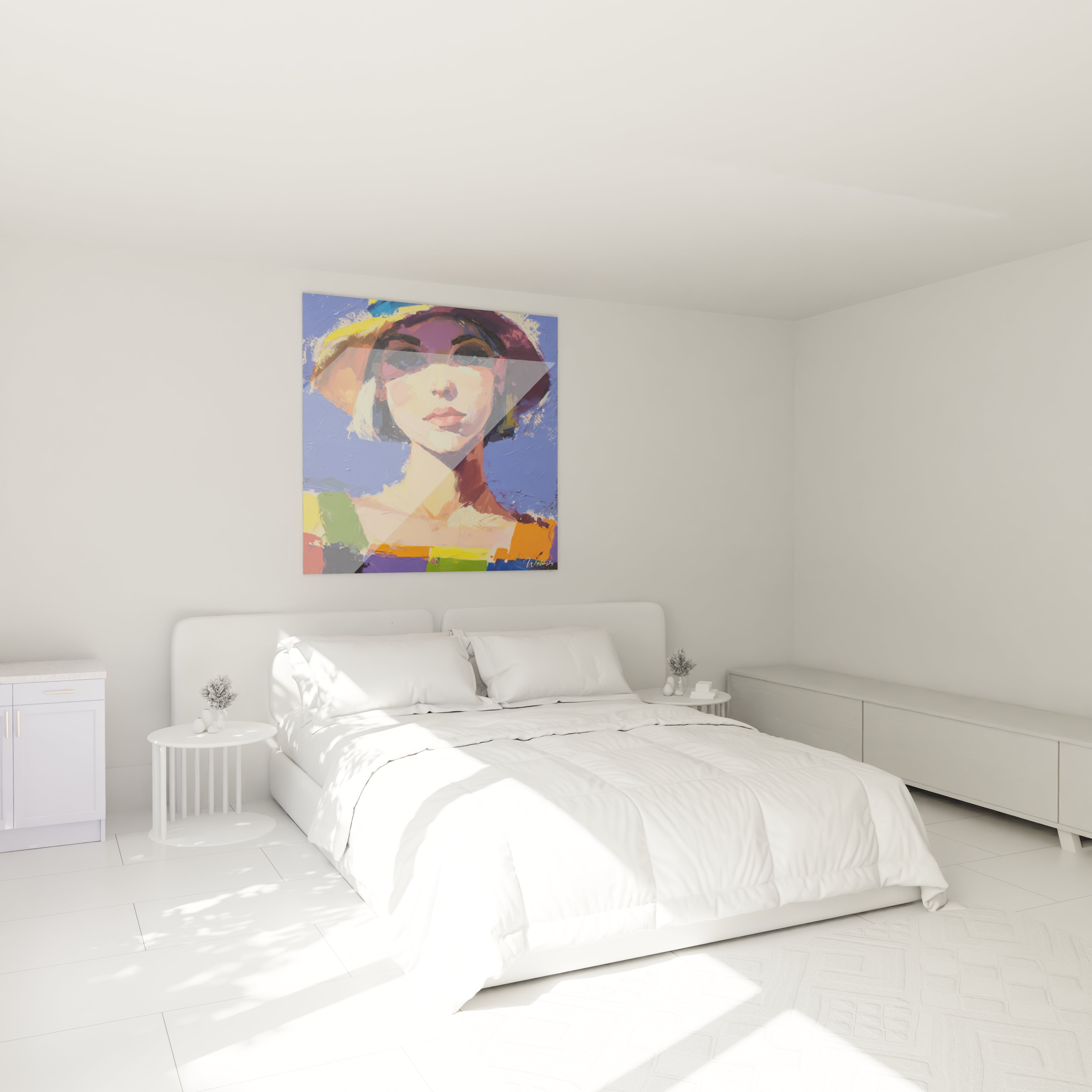 tableau portrait impressionnisme Walensky accroché au dessus d un lit blanc dans une chambre minimaliste lumineuse