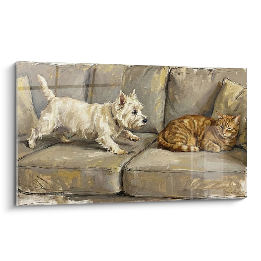 Tableau West Highland White Terrier et Chat Roux sur Canapé Beige - Complicité Animale - Edition West Highland White Terrier