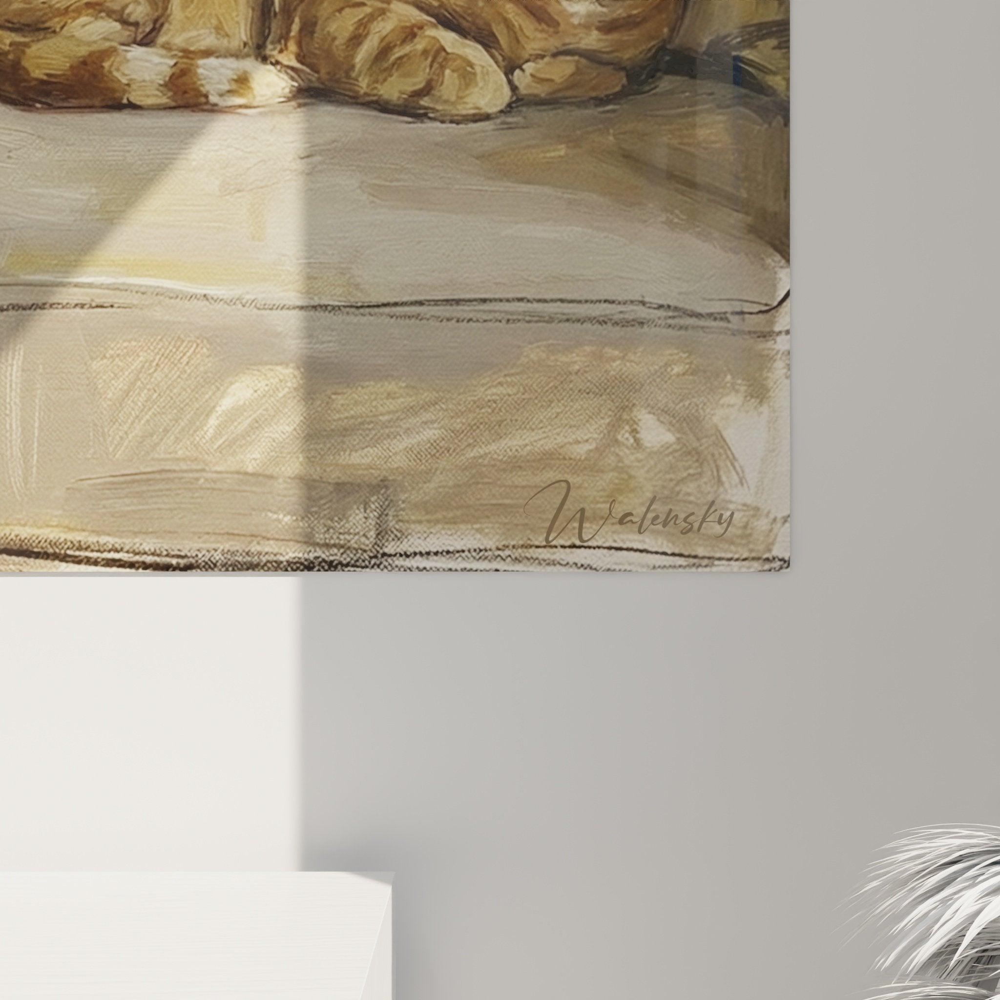 Vue ensemble tableau West Highland White Terrier chat salon decoration murale tons beiges