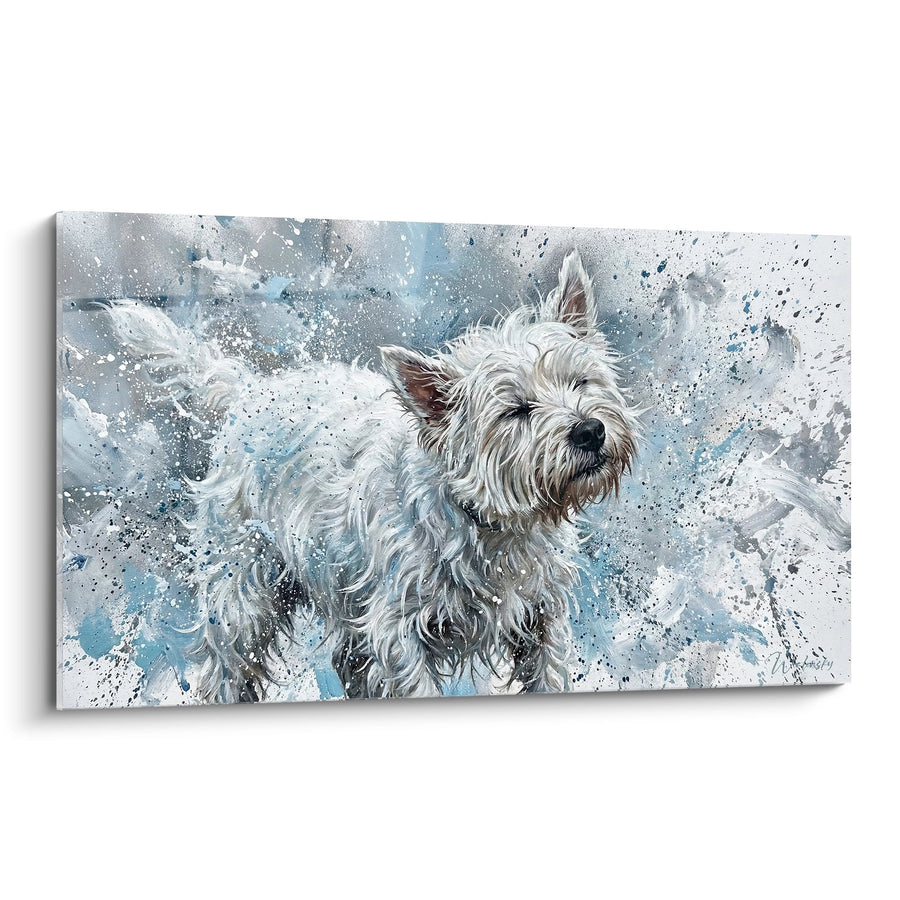 Tableau Chien Blanc dans Éclaboussures Bleues - Énergie Aquatique - Edition West Highland White Terrier