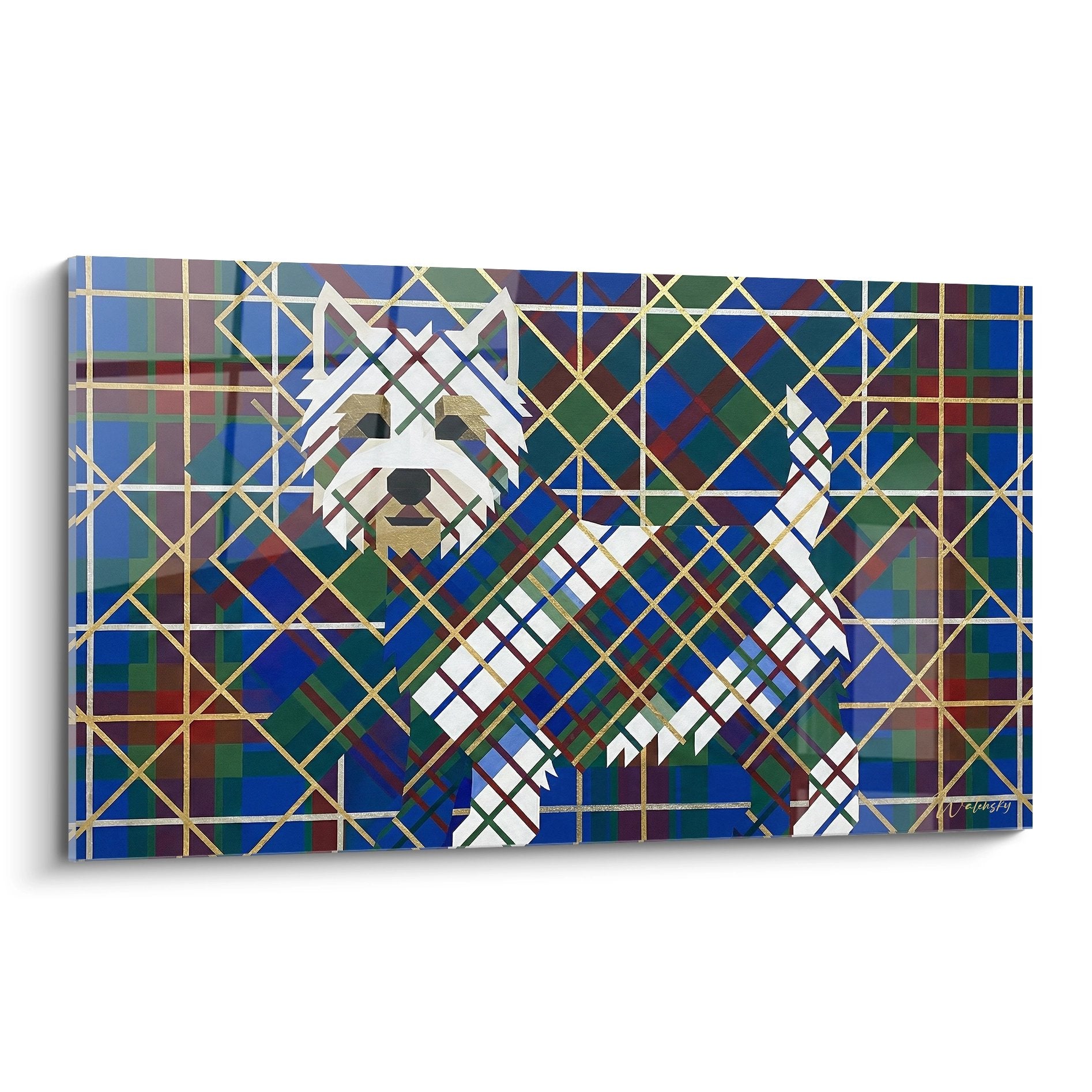 Tableau moderne West Highland White Terrier géométrique sur fond mosaïque tartan bleu vert bordeaux