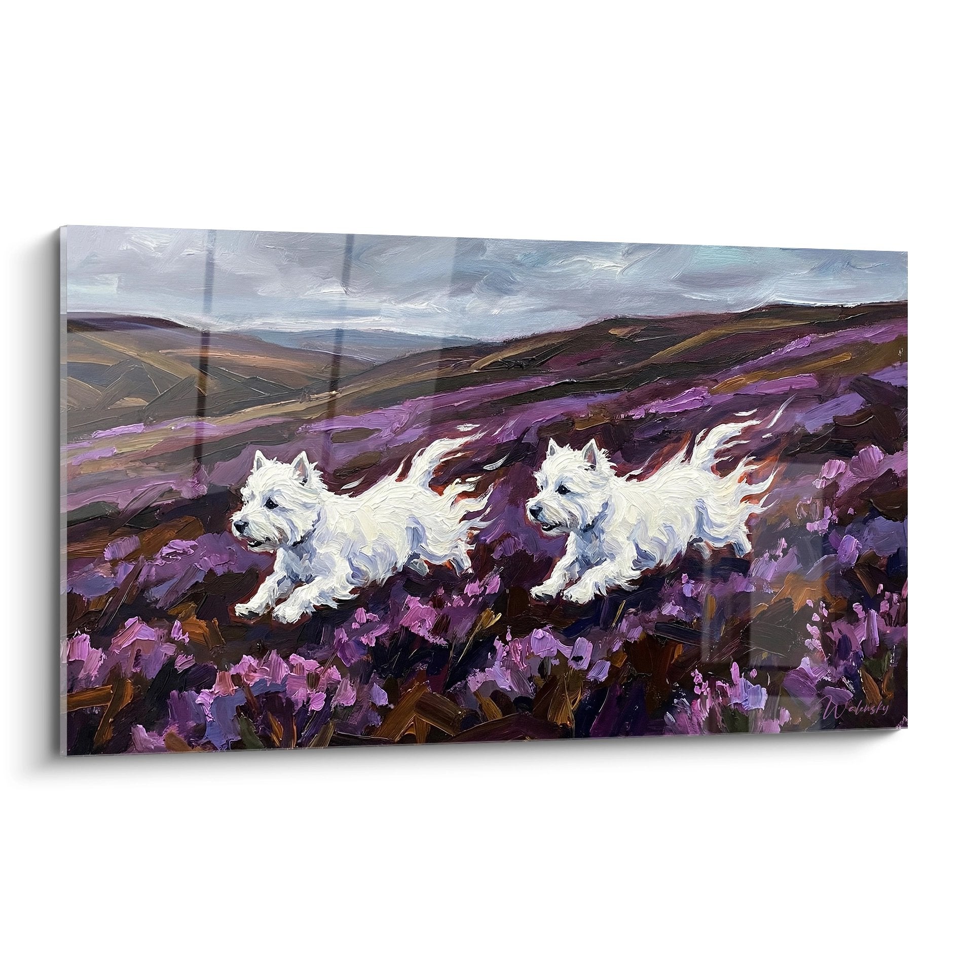 Tableau deux West Highland White Terrier courant dans bruyère violette paysage écossais peinture à l'huile