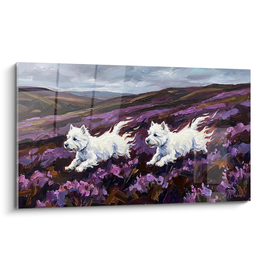 Tableau Deux West Highland White Terrier Courant dans la Bruyère Violette - Échappée Sauvage - Edition West Highland White Terrier