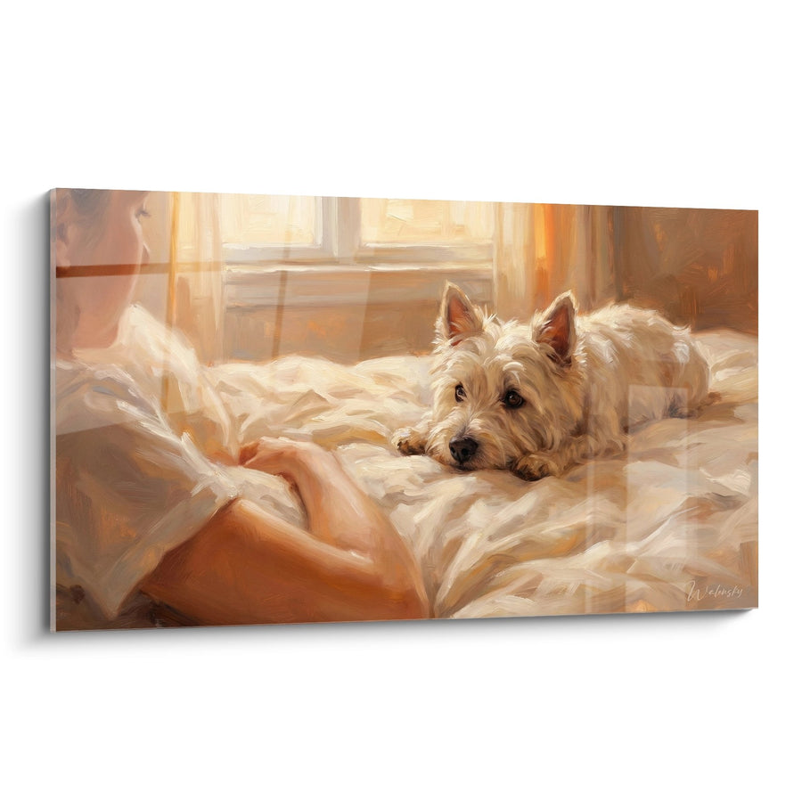 Tableau West Highland White Terrier Allongé sur Lit Blanc - Douceur Matinale - Edition West Highland White Terrier