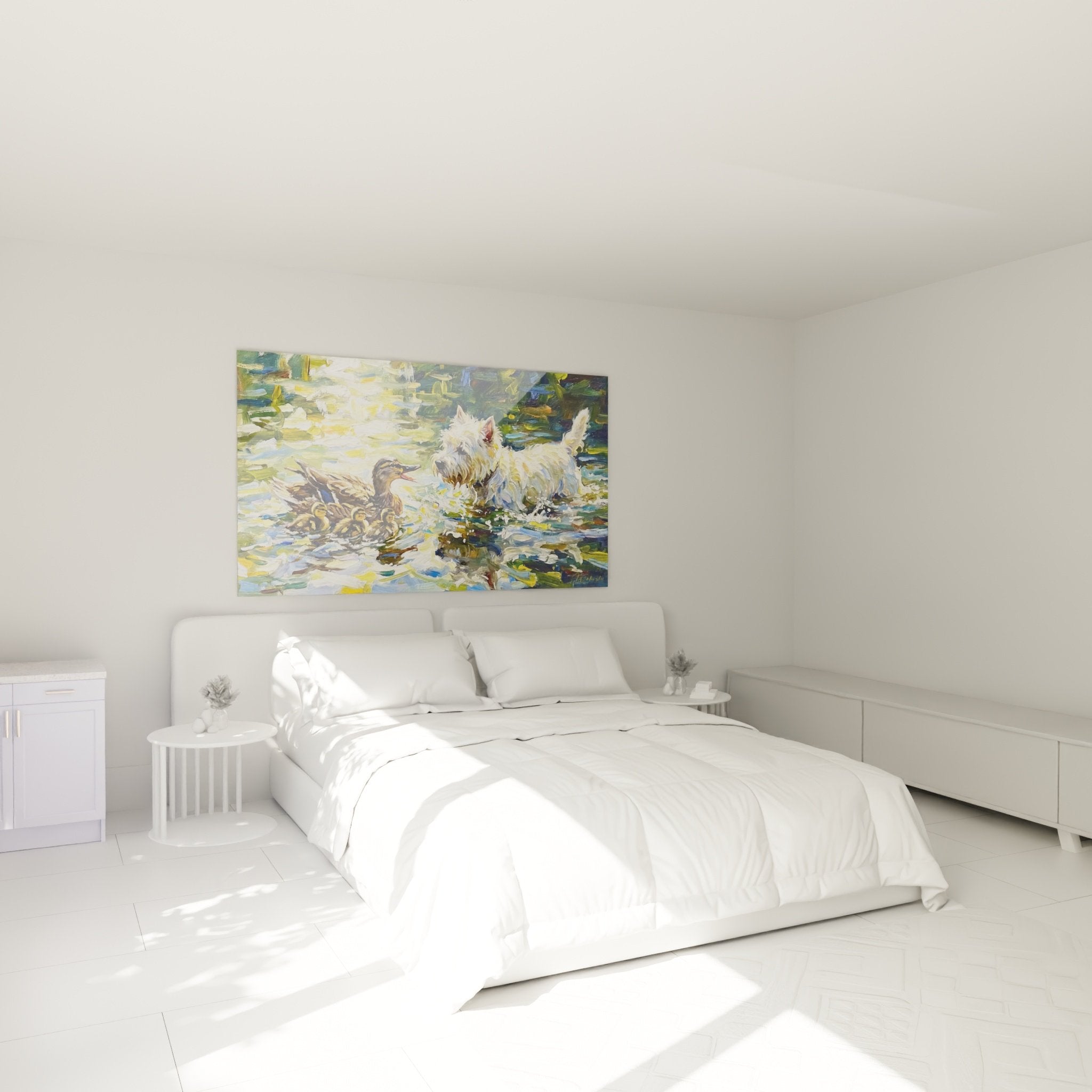 Westie et canetons tableau art mural chambre decoration murale chien blanc eau bleue peinture