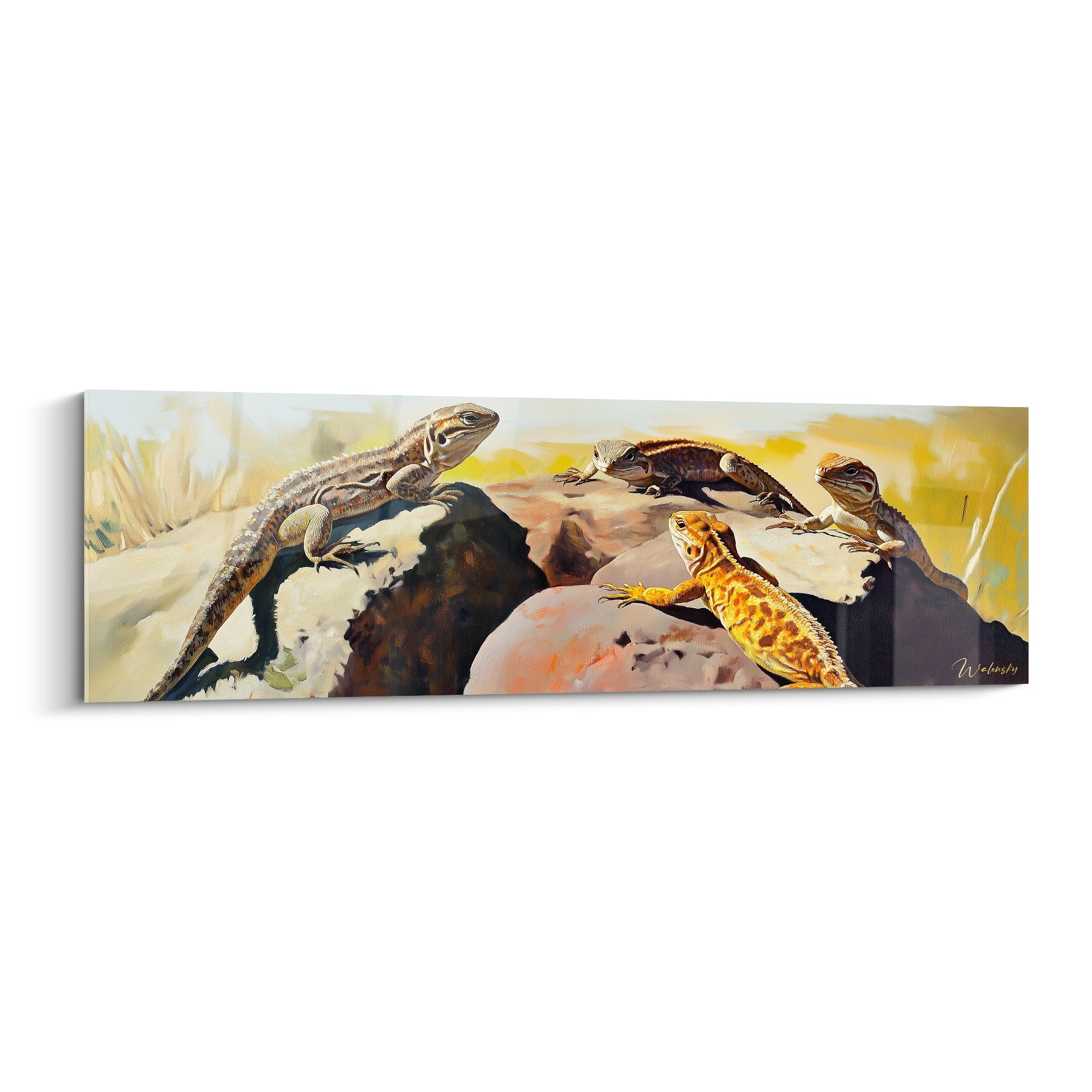 Tableau lézard Walensky représentant quatre lézards colorés sur des rochers dans un paysage naturel
