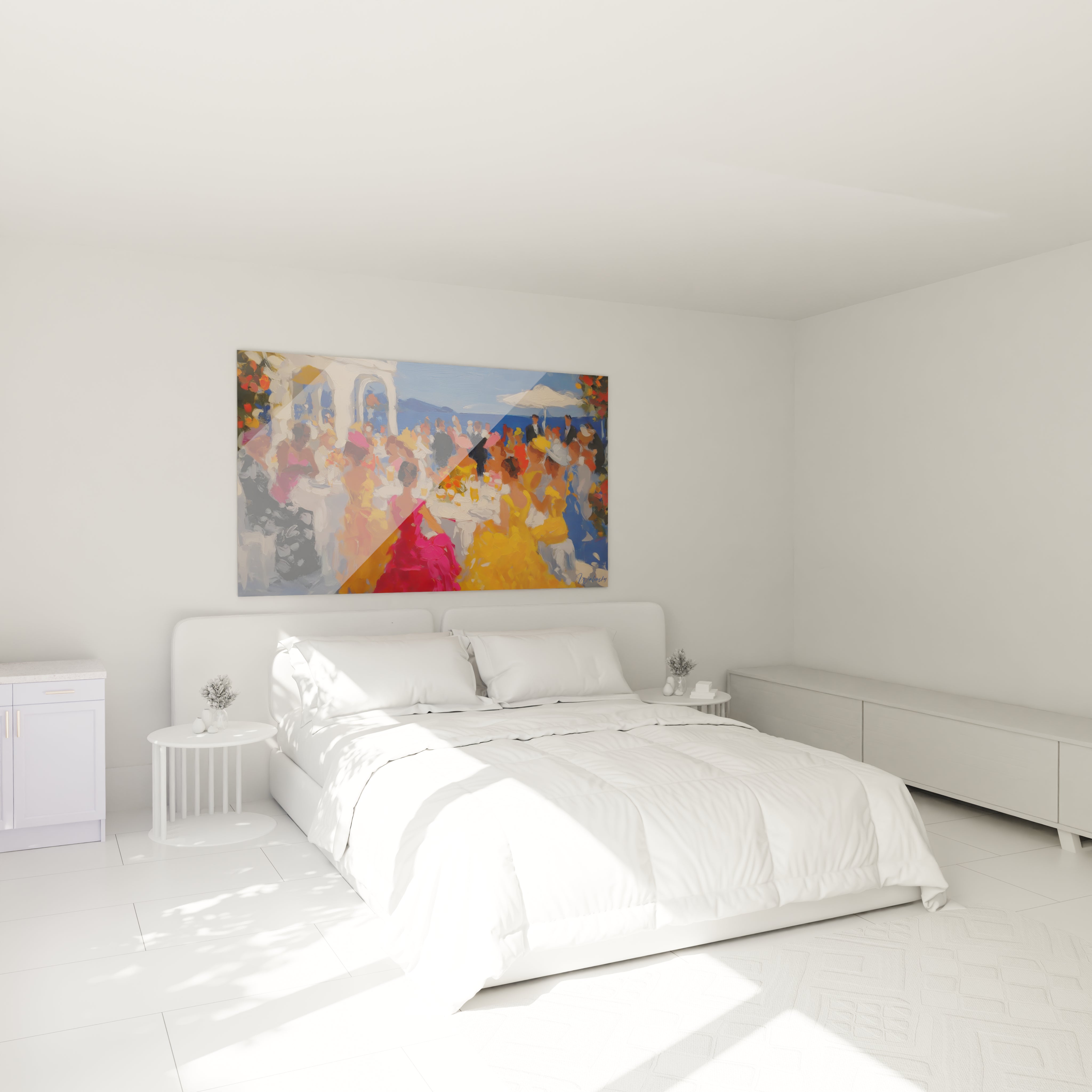 tableau impressionniste terrasse été Walensky accroche au mur d une chambre blanche moderne avec lit double lumineux