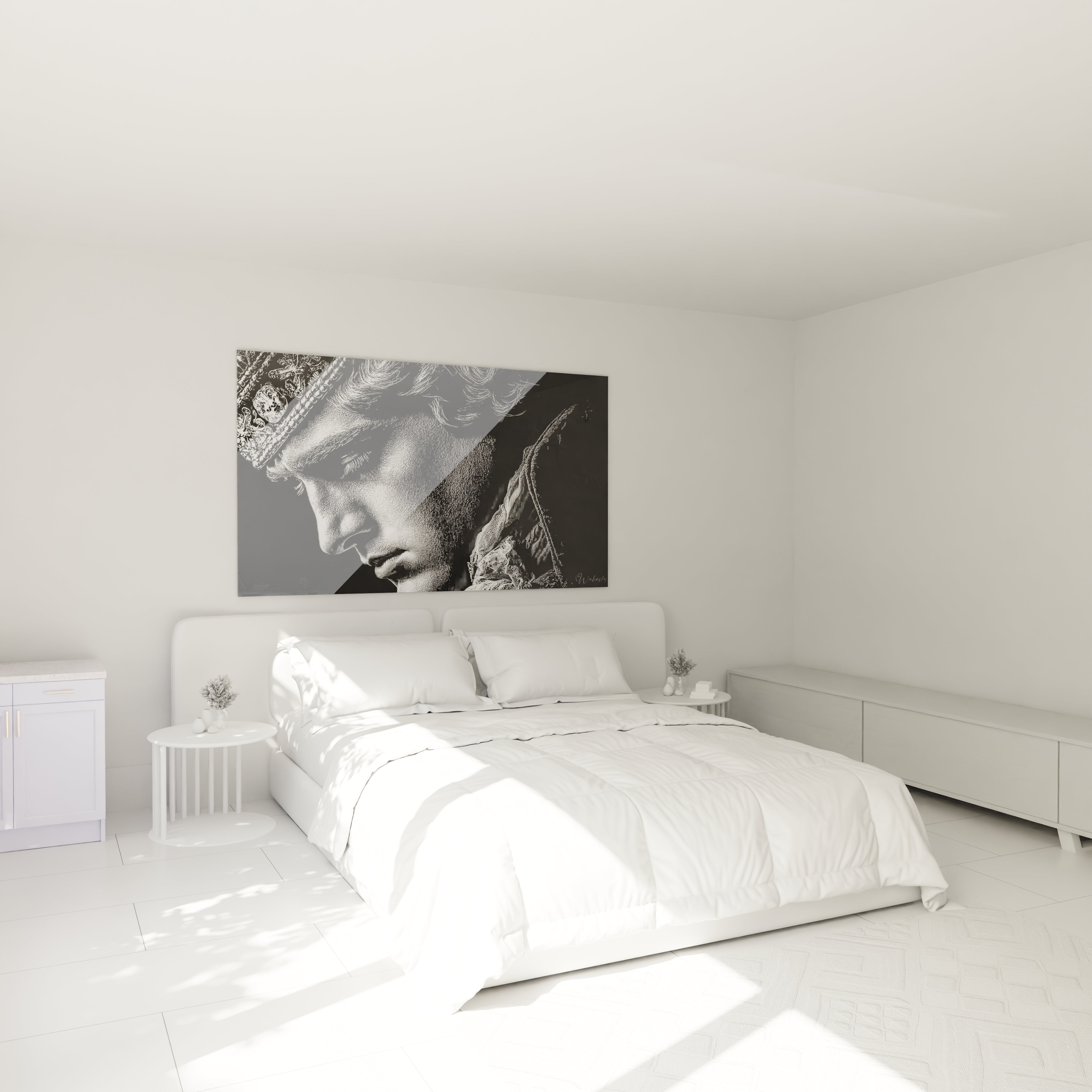 tableau Louis XVI haut de gamme Walensky grand format noir et blanc au dessus d un lit dans une chambre minimaliste