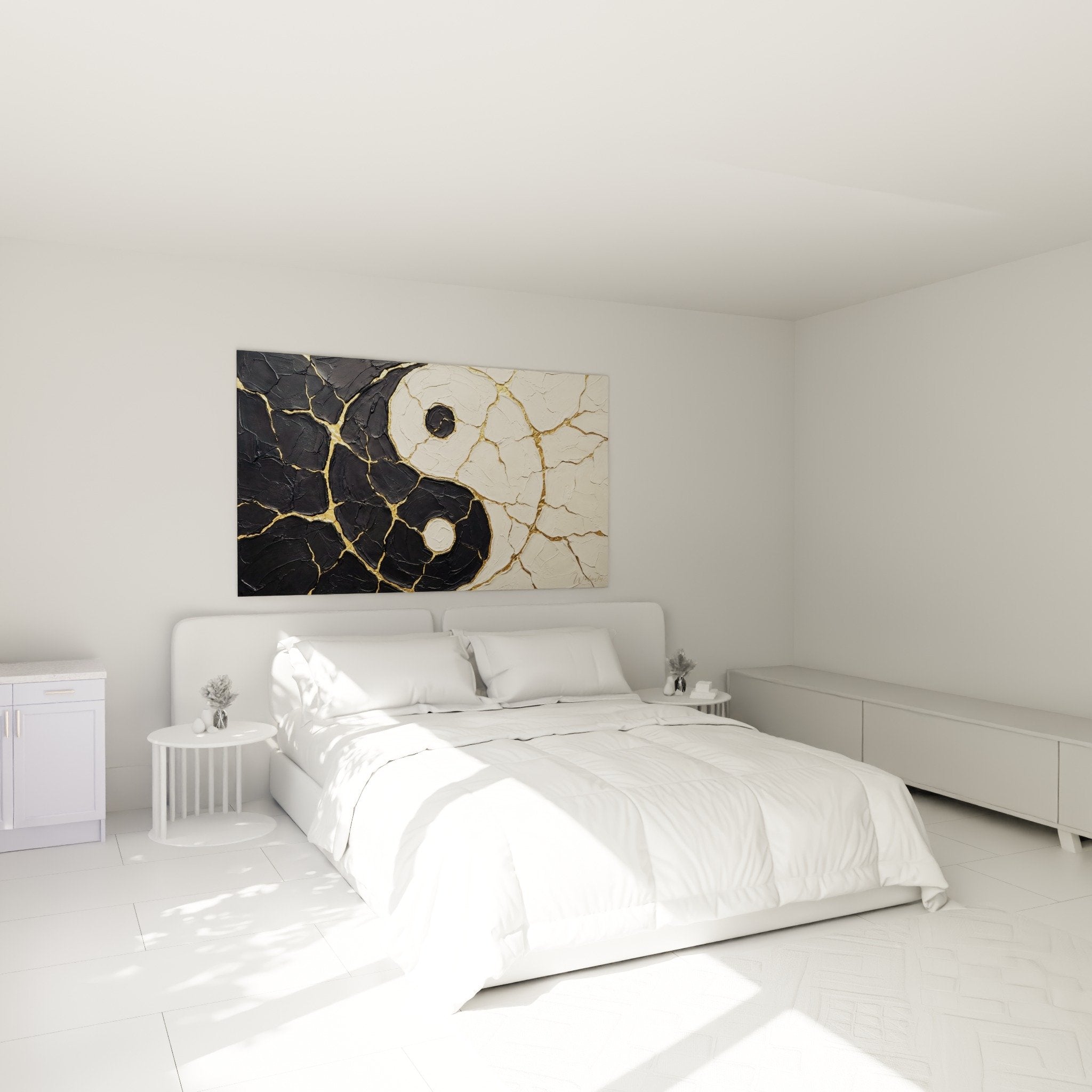 tableau yin yang dore chambre decoration murale zen craquelures noir blanc ambiance apaisante