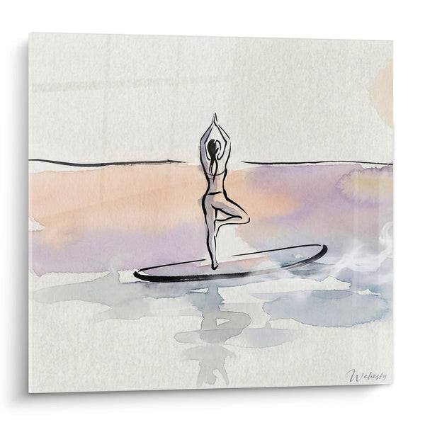 Cuadro Silueta Yoga en Tabla Acuarela Rosa y Violeta - Serenidad Acuática - Edición Paddle