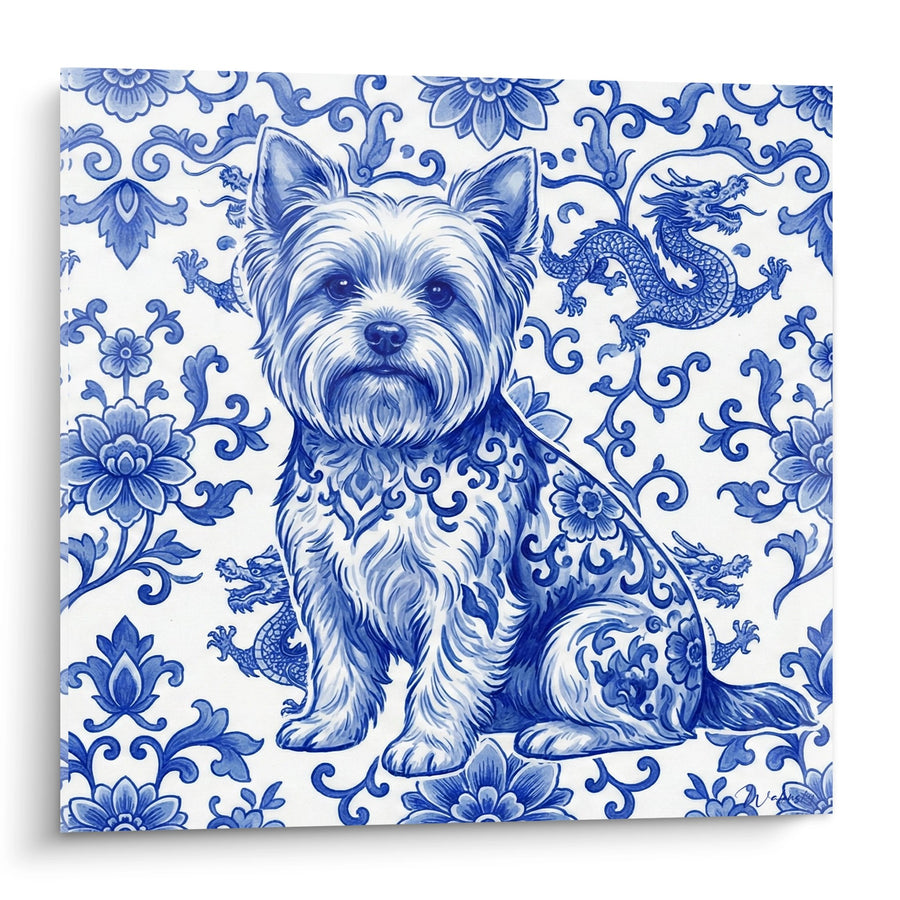 Tableau Yorkshire Terrier Bleu et Blanc sur Motifs Chinois - Porcelaine Artistique - Edition Yorkshire Terrier