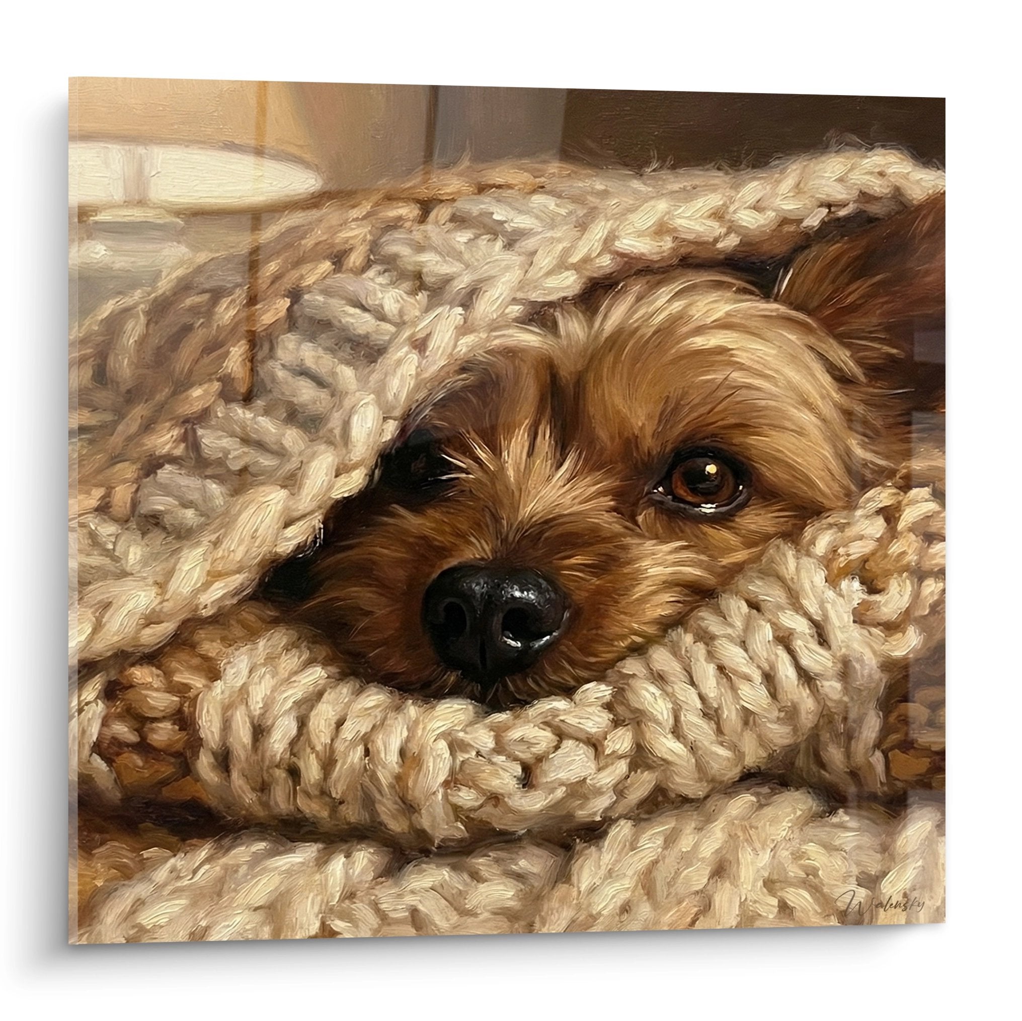 Yorkshire Terrier blotti dans couverture tricotée crème, regard tendre, peinture réaliste tons beiges et dorés