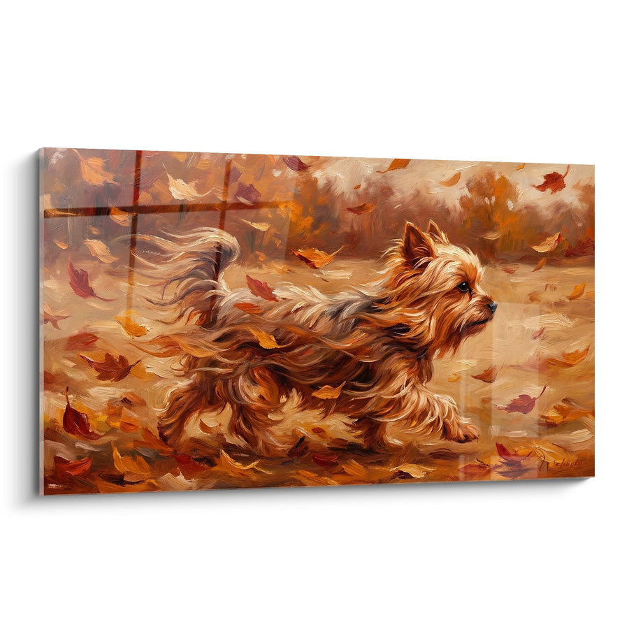 Tableau Yorkshire Terrier Courant dans les Feuilles d'Automne - Élégance en Mouvement - Edition Yorkshire Terrier