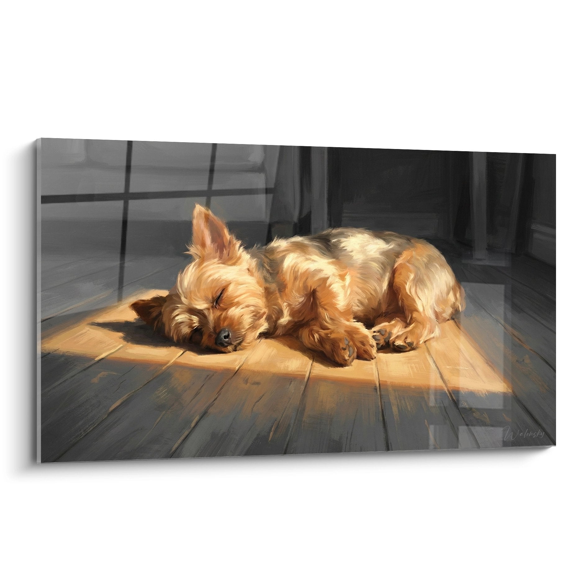 Yorkshire Terrier endormi sur plancher bois dans lumiere doree tableau art animalier
