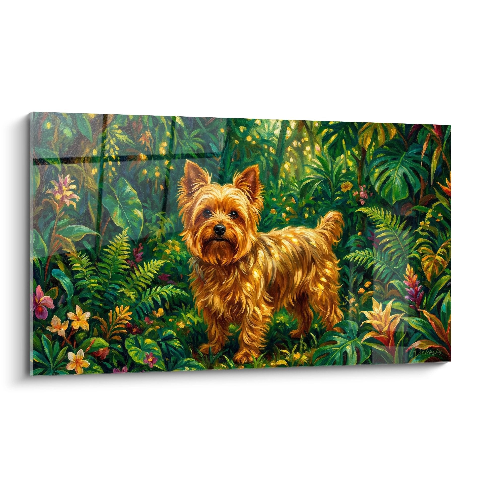 Yorkshire Terrier au pelage dore dans jungle tropicale luxuriante aux tons verts emeraude