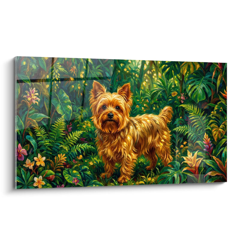 Gemälde Goldener Hund im tropischen Dschungel - Exotisches Abenteuer - Yorkshire Terrier Edition