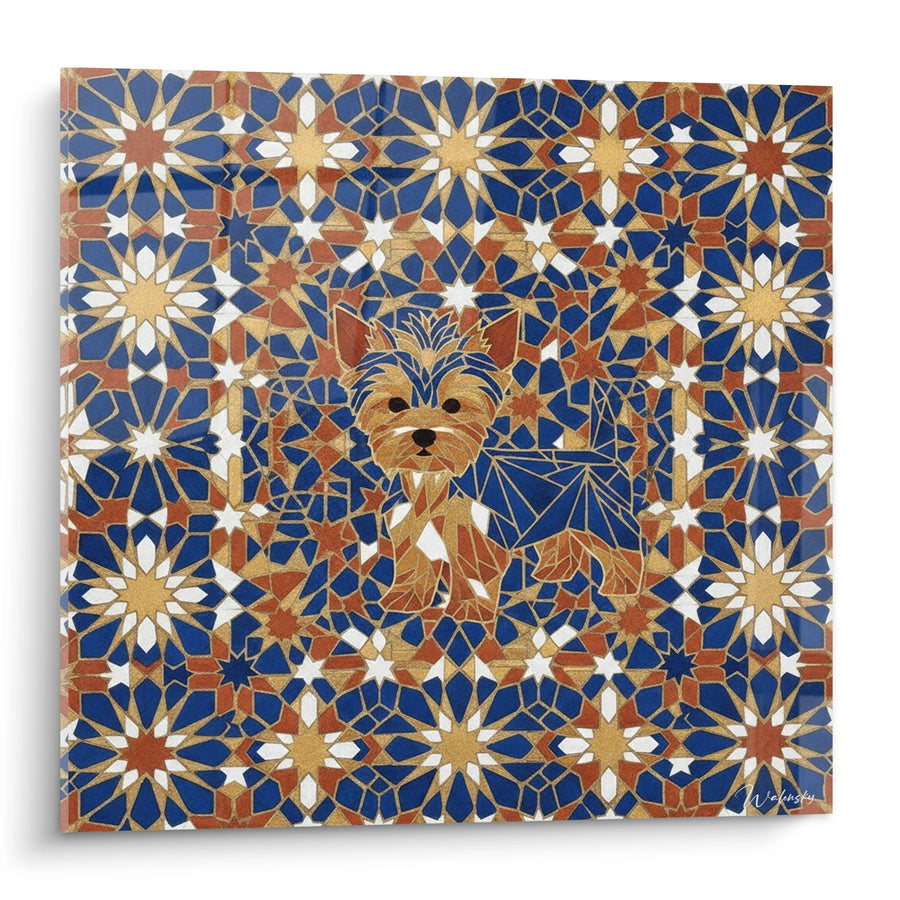 Tableau Chien Doré sur Mosaïque Géométrique Bleue et Dorée - Harmonie Orientale - Edition Yorkshire Terrier