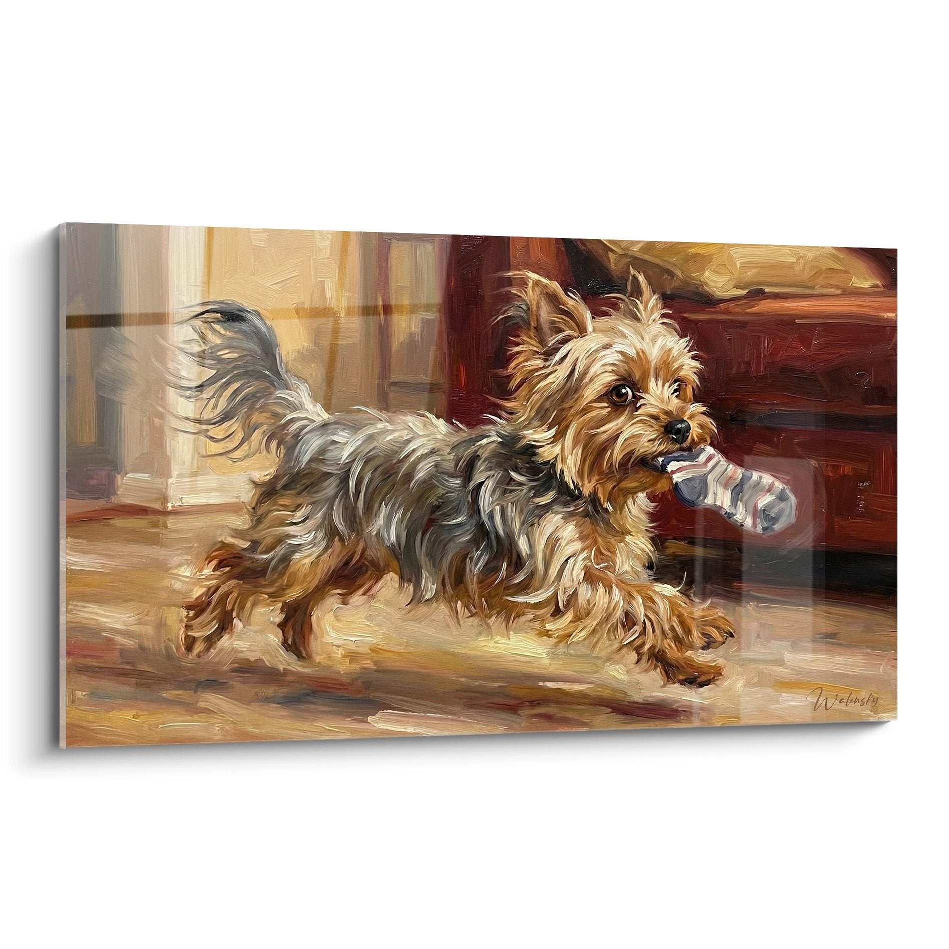 Yorkshire Terrier en mouvement tenant chaussette rayée bleue blanche peinture tons chauds ocre brun