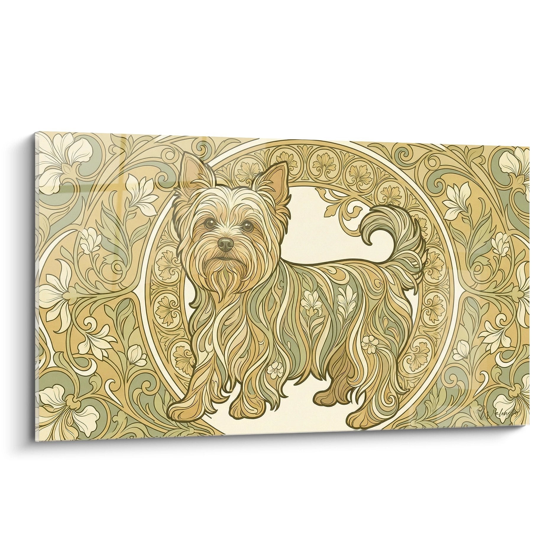 Tableau Yorkshire Terrier aux motifs floraux dorés style Art nouveau avec ornements végétaux