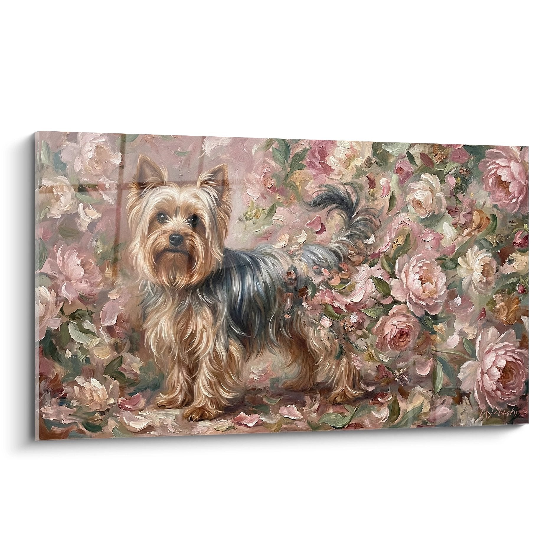 Yorkshire Terrier assis au milieu de pivoines roses et blanches dans un style pictural romantique et delicat