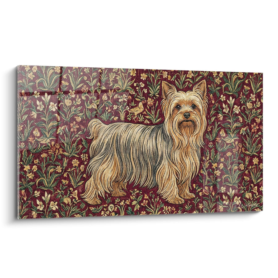 Tableau Yorkshire Terrier sur Fond Fleuri Bordeaux - Élégance Tapisserie - Edition Yorkshire Terrier