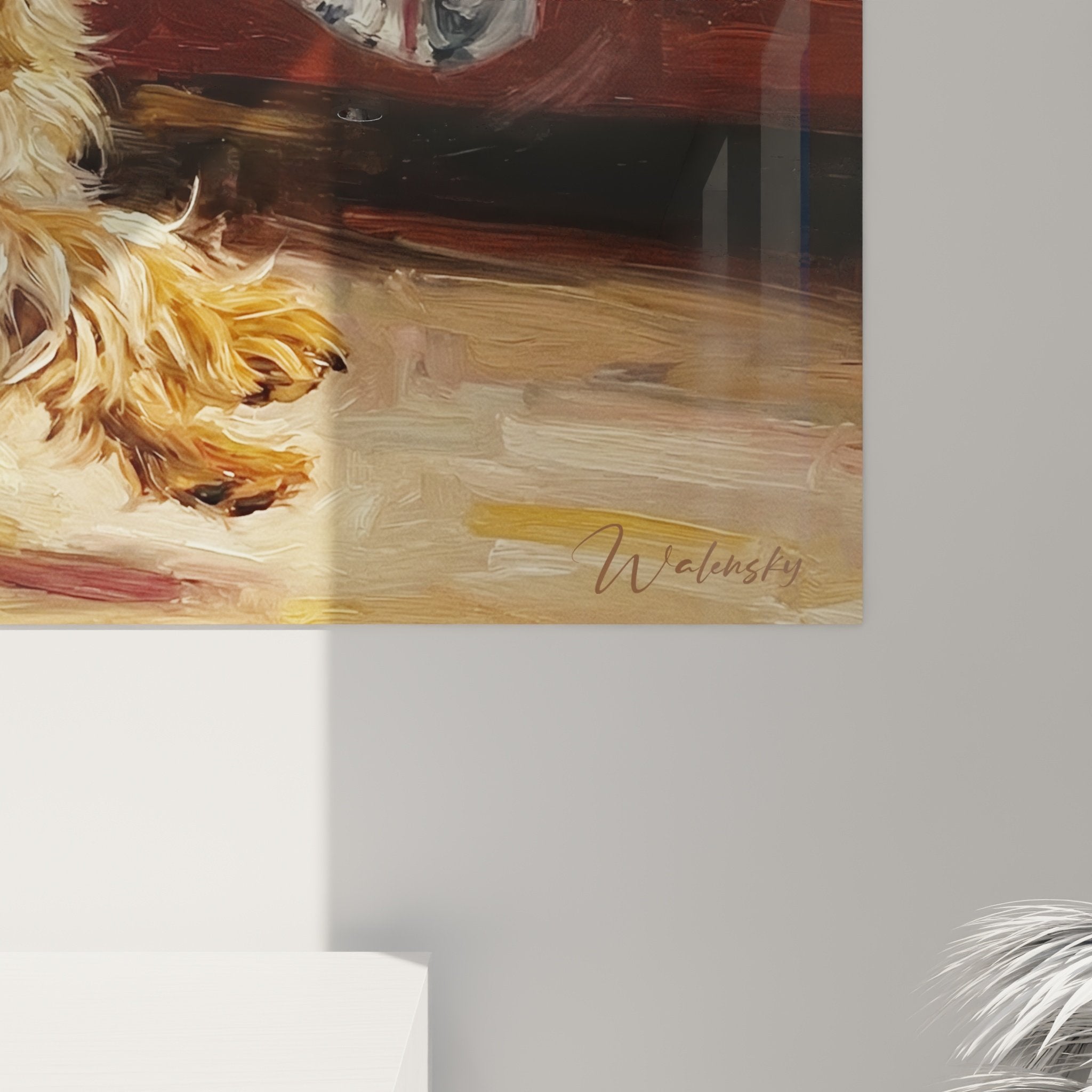 Vue ensemble Yorkshire Terrier mouvement chaussette composition dynamique tons chauds