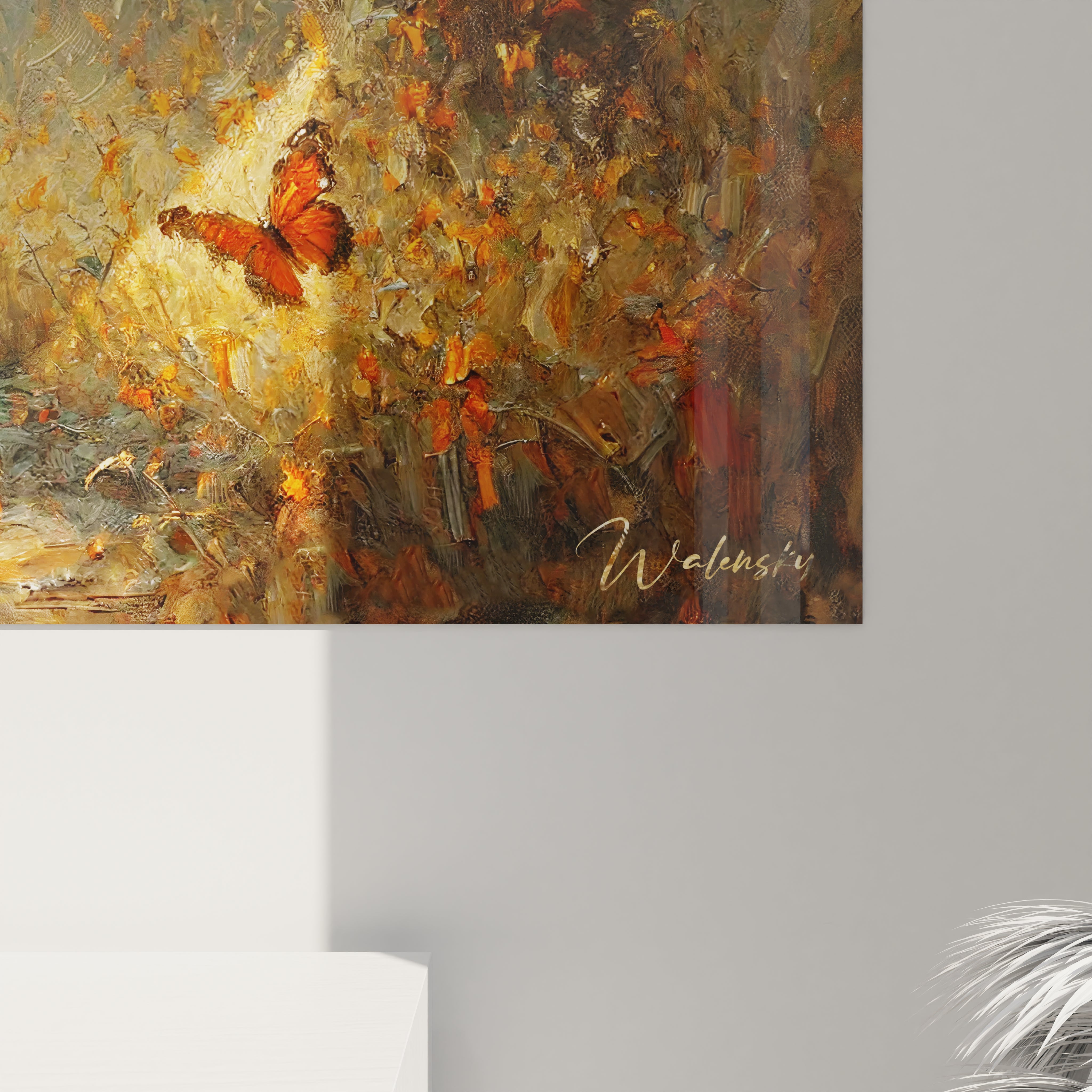 En gros plan, le tableau ours brun révèle une incroyable minutie dans les détails de la fourrure de l'ours et des papillons virevoltants, offrant une expérience immersive et sensorielle.






